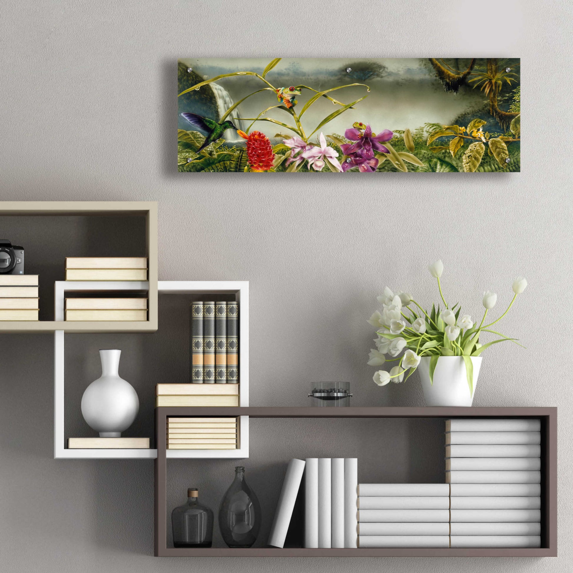 Epic Art 'Orchids & Exotic Frogs' by Beverly Doyle, Acrylic Glass Wall Art,36x12