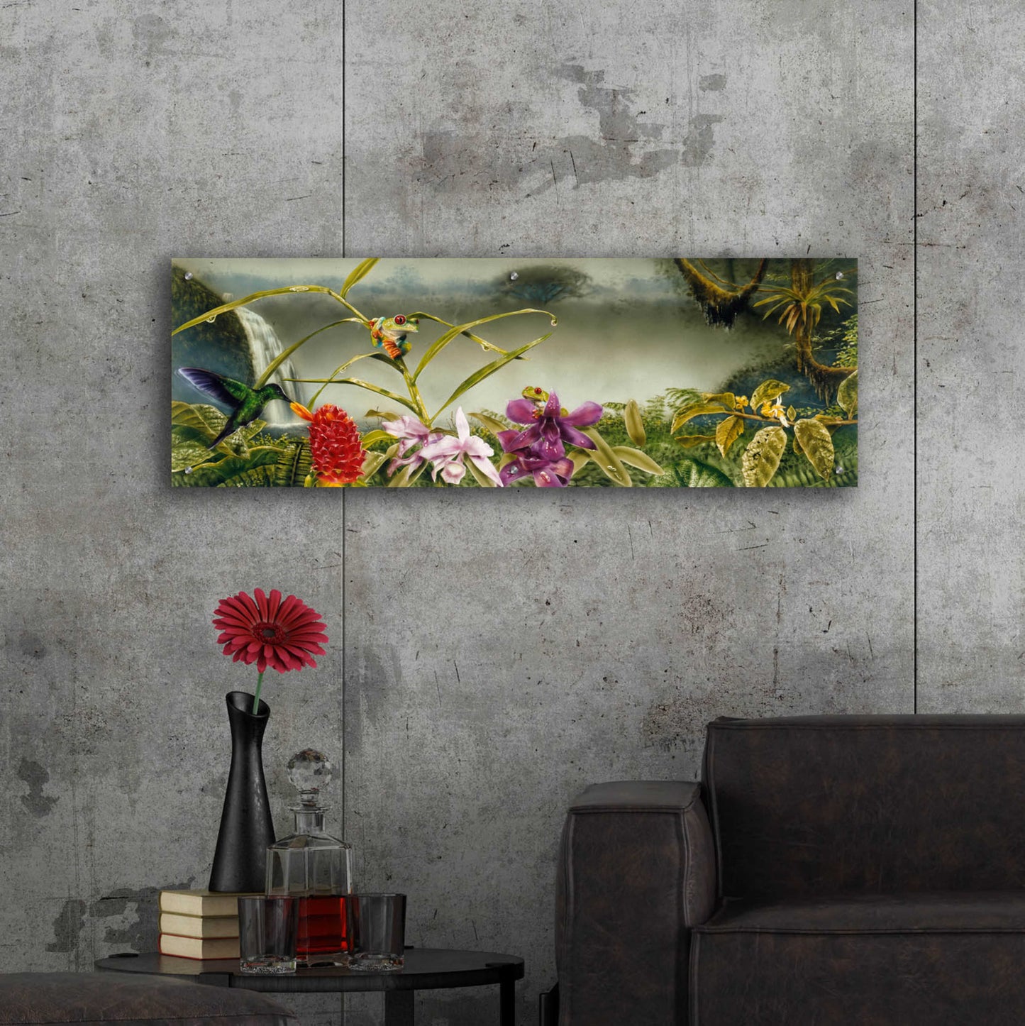 Epic Art 'Orchids & Exotic Frogs' by Beverly Doyle, Acrylic Glass Wall Art,48x16