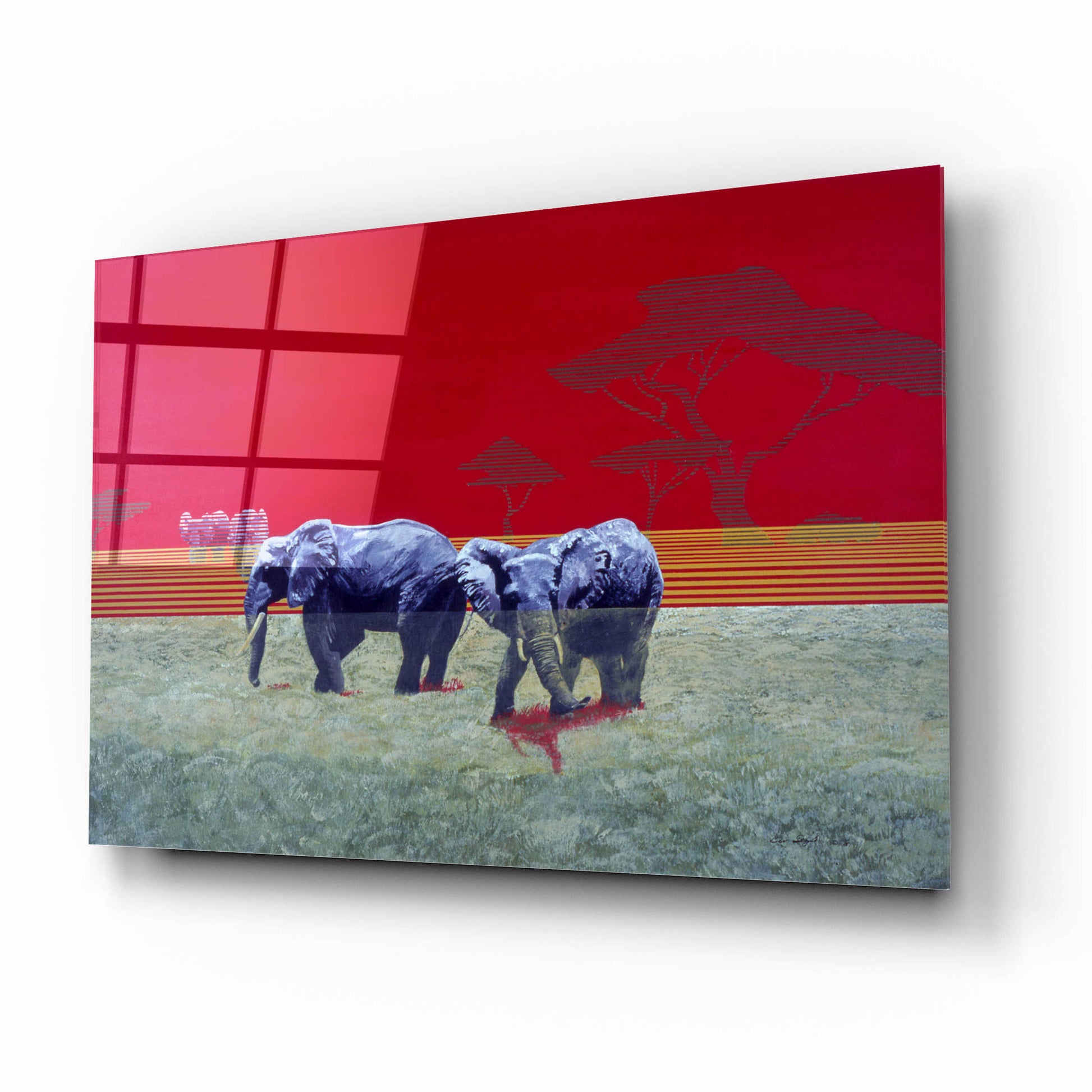 Epic Art 'Elephants With Red Sky' by Beverly Doyle, Acrylic Glass Wall Art,16x12