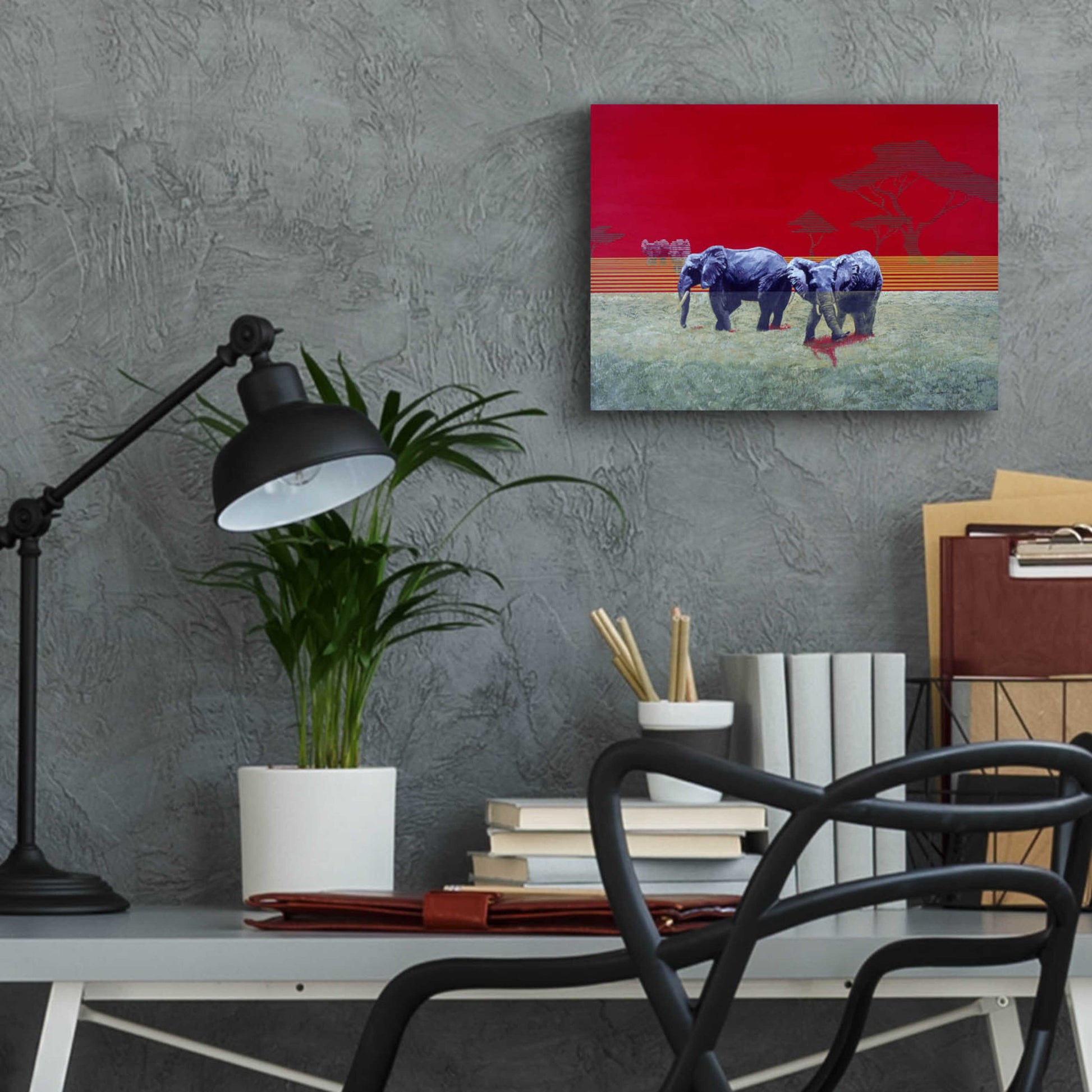 Epic Art 'Elephants With Red Sky' by Beverly Doyle, Acrylic Glass Wall Art,16x12