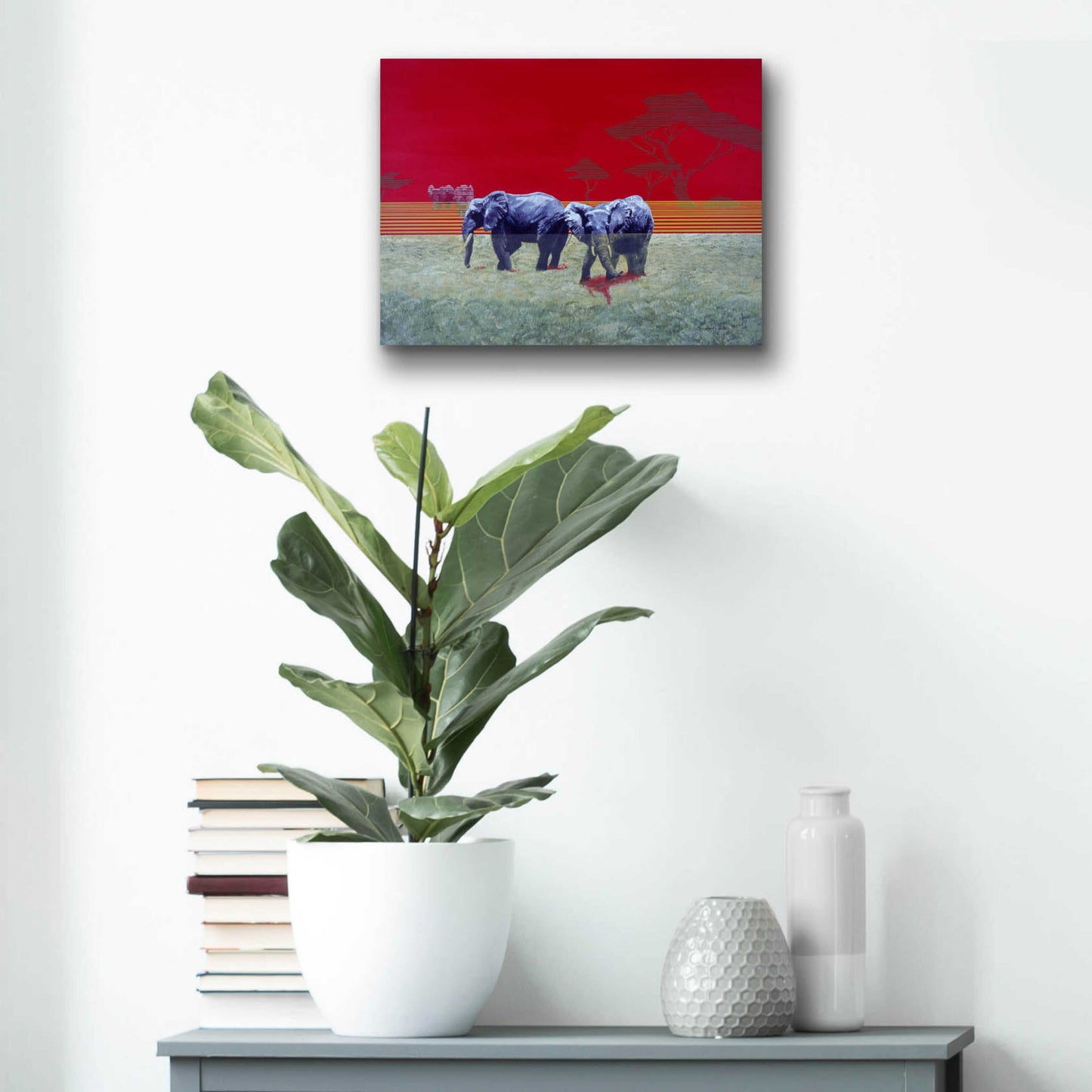 Epic Art 'Elephants With Red Sky' by Beverly Doyle, Acrylic Glass Wall Art,16x12