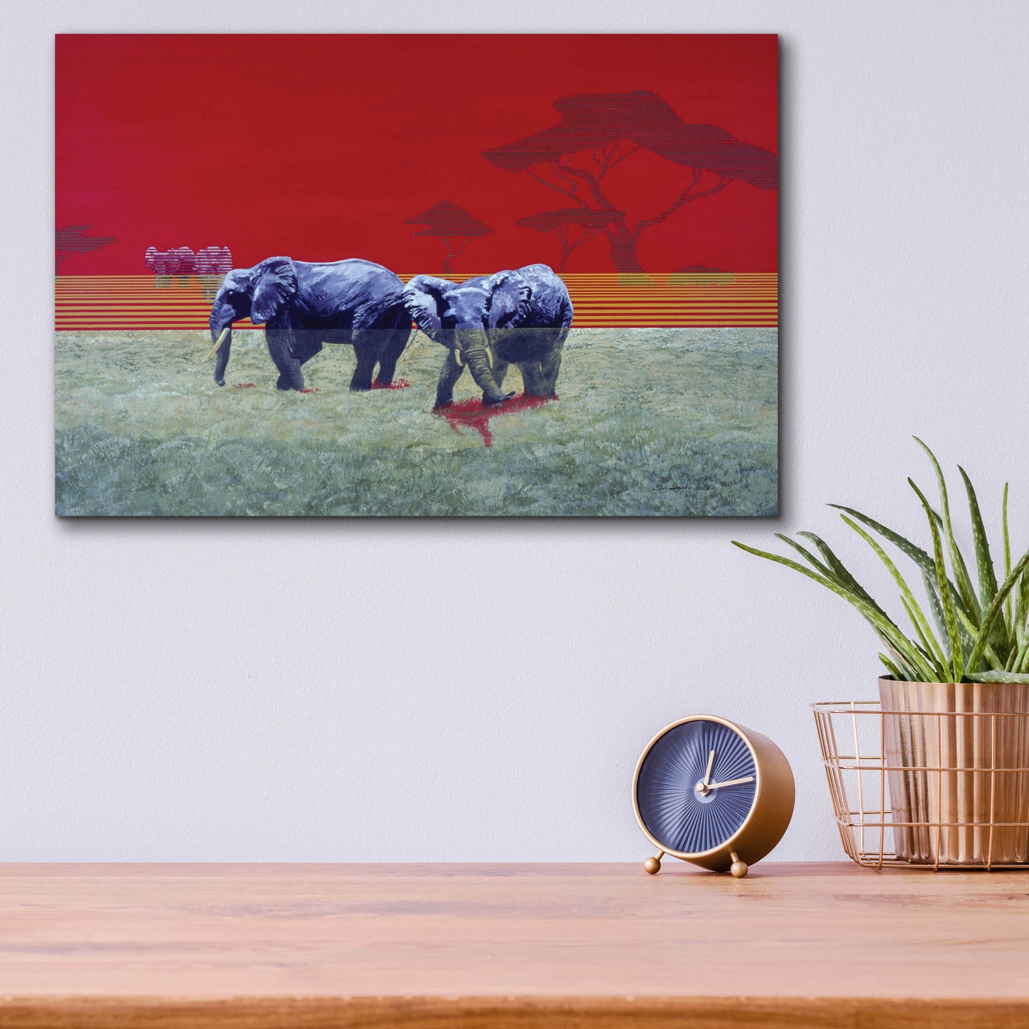 Epic Art 'Elephants With Red Sky' by Beverly Doyle, Acrylic Glass Wall Art,16x12