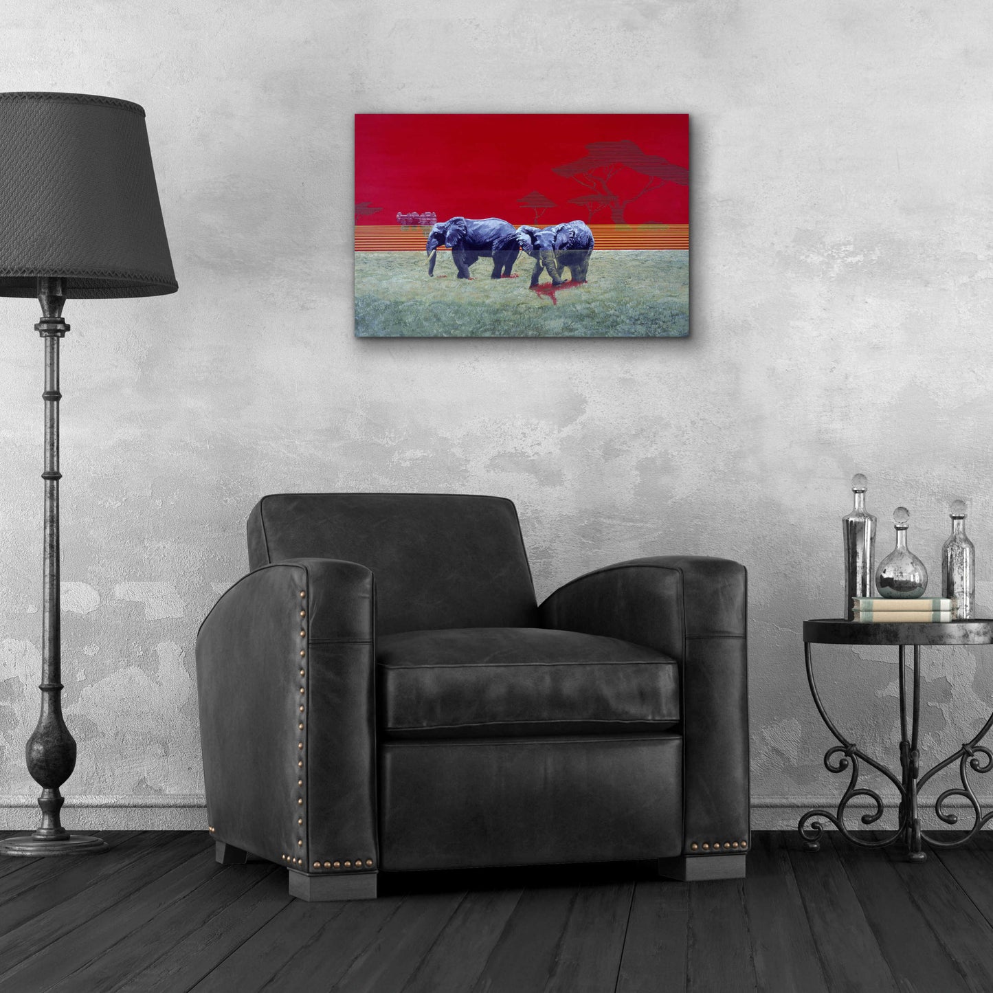 Epic Art 'Elephants With Red Sky' by Beverly Doyle, Acrylic Glass Wall Art,24x16