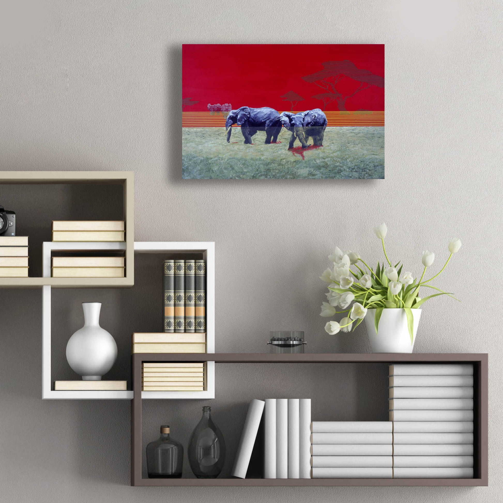 Epic Art 'Elephants With Red Sky' by Beverly Doyle, Acrylic Glass Wall Art,24x16