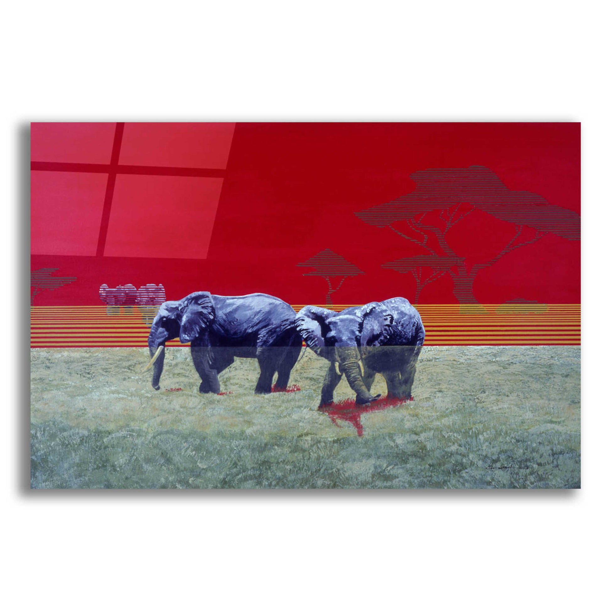 Epic Art 'Elephants With Red Sky' by Beverly Doyle, Acrylic Glass Wall Art,24x16