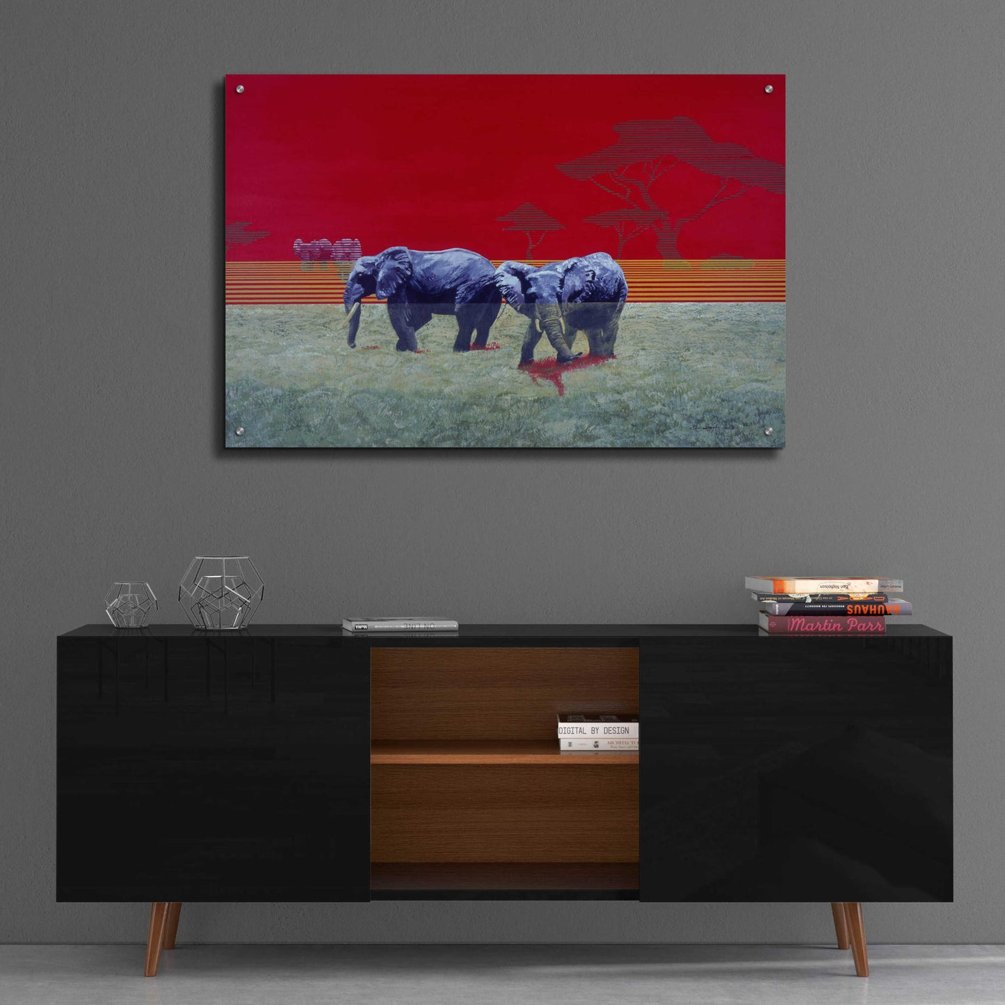 Epic Art 'Elephants With Red Sky' by Beverly Doyle, Acrylic Glass Wall Art,36x24