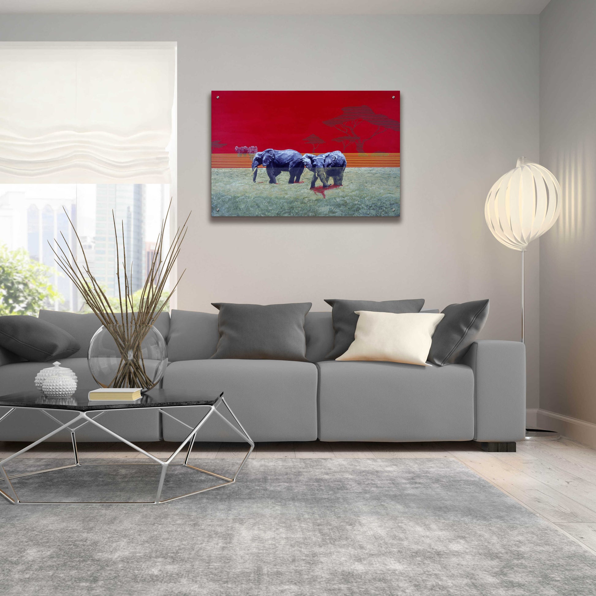 Epic Art 'Elephants With Red Sky' by Beverly Doyle, Acrylic Glass Wall Art,36x24