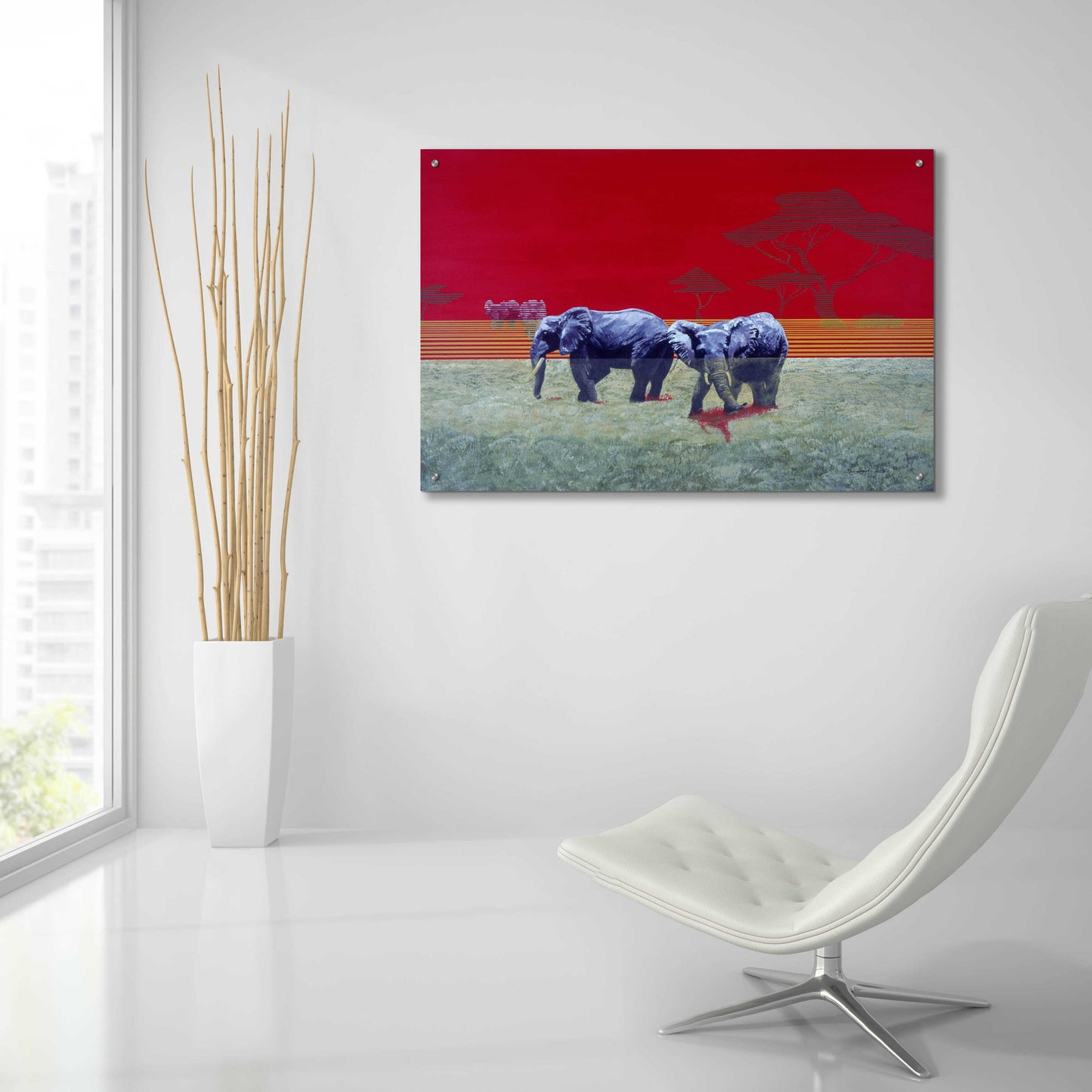 Epic Art 'Elephants With Red Sky' by Beverly Doyle, Acrylic Glass Wall Art,36x24