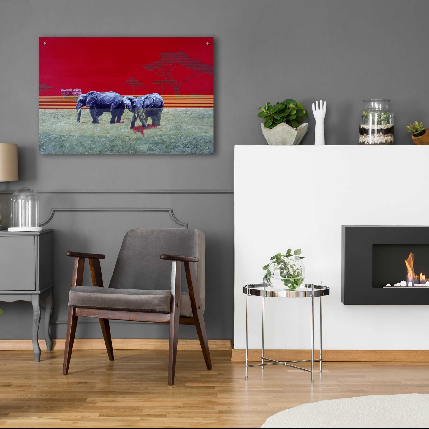 Epic Art 'Elephants With Red Sky' by Beverly Doyle, Acrylic Glass Wall Art,36x24