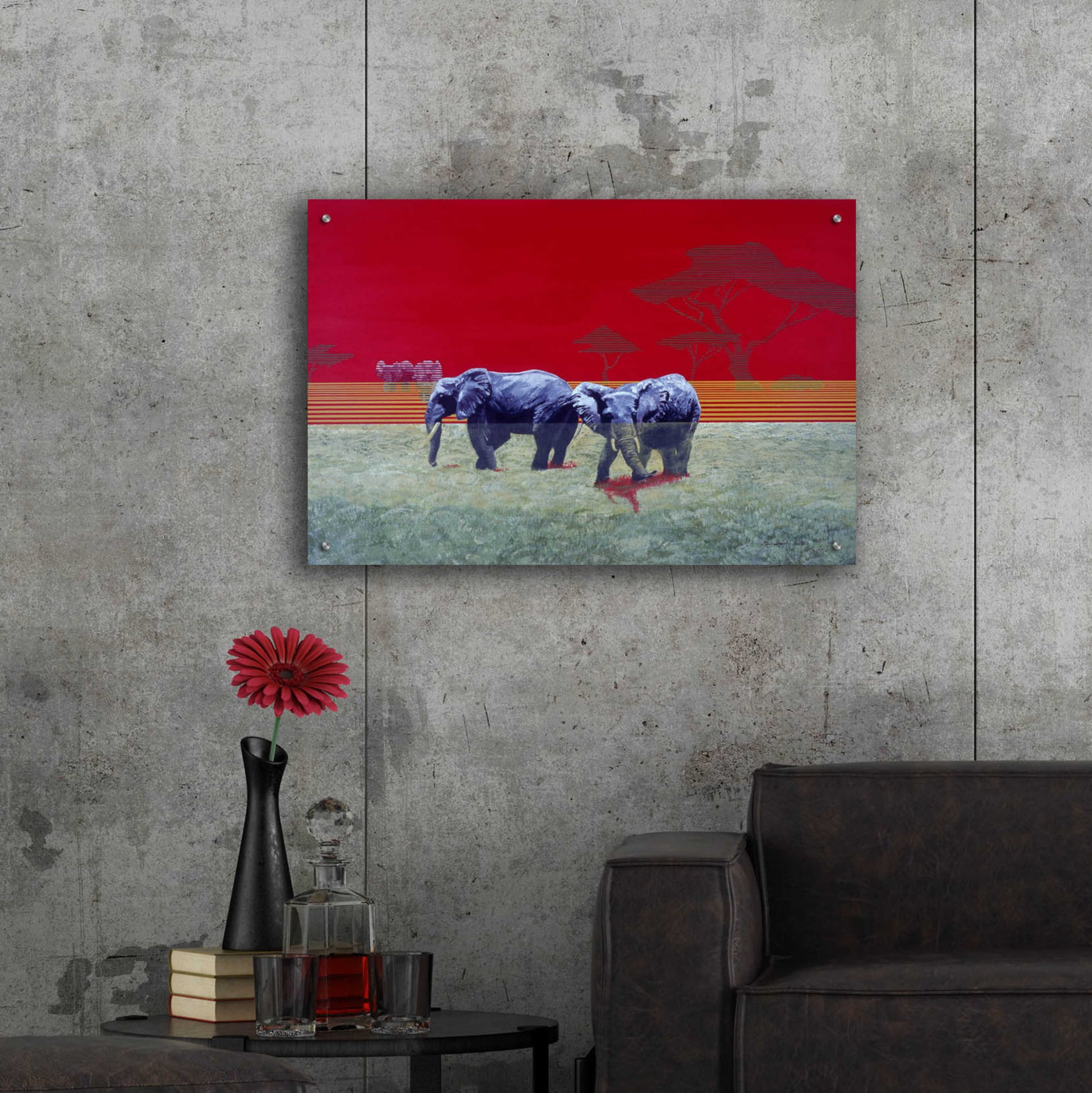 Epic Art 'Elephants With Red Sky' by Beverly Doyle, Acrylic Glass Wall Art,36x24