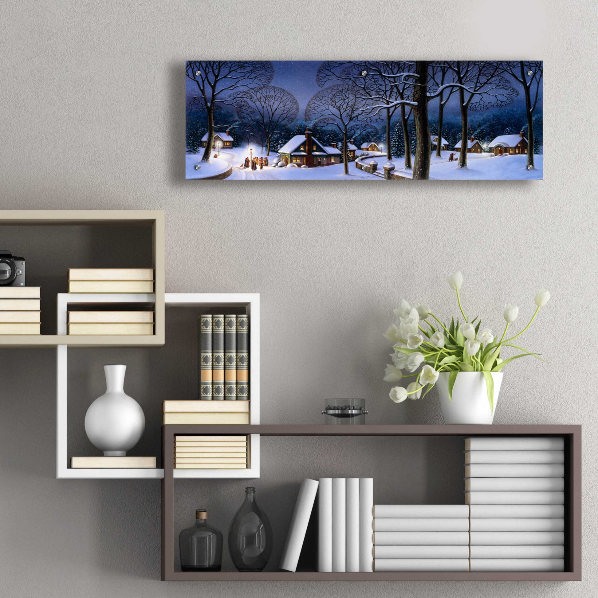 Epic Art '046 Winter Scene Carollers' by Dan Craig, Acrylic Glass Wall Art,36x12