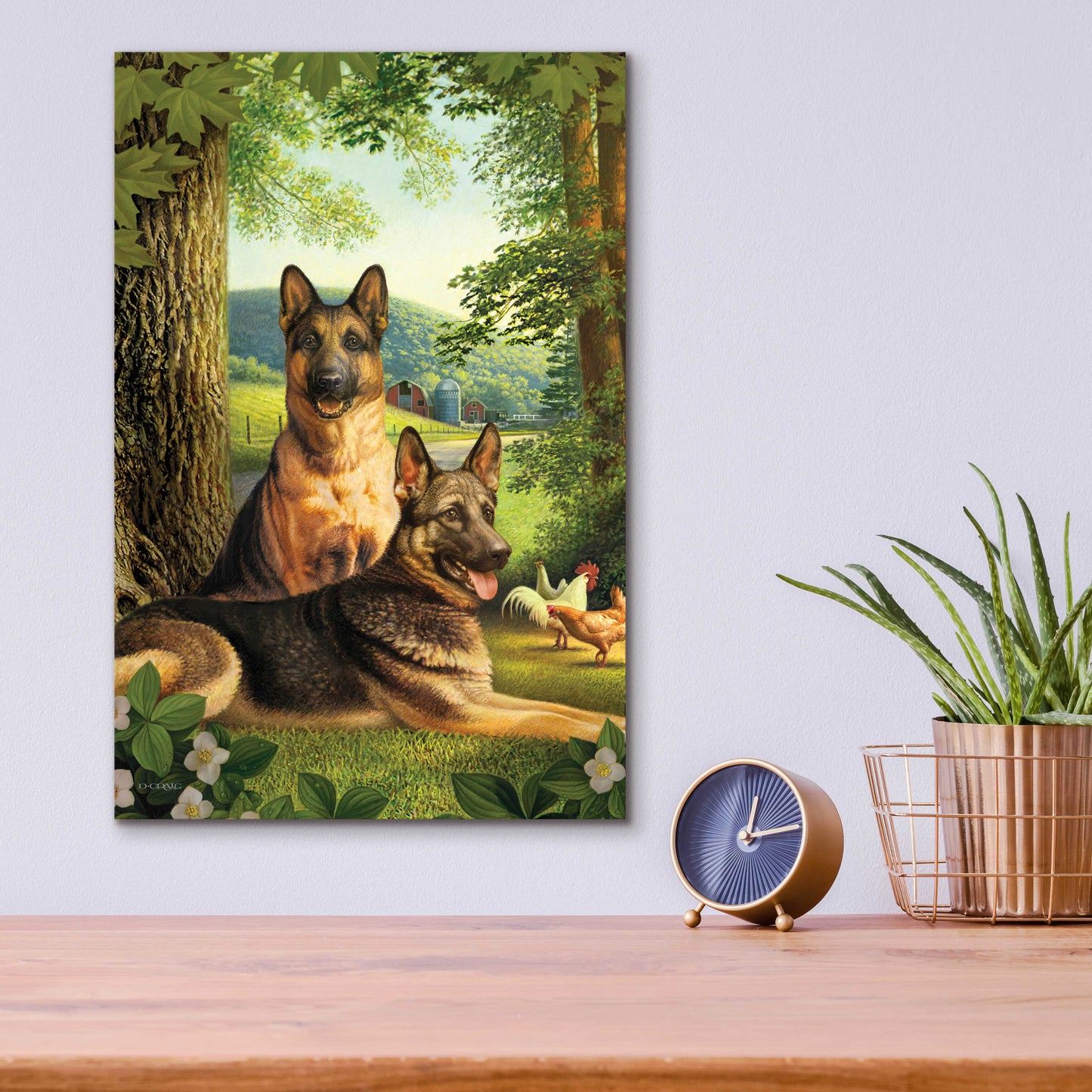 Epic Art 'German Shephards & Chicken' by Dan Craig, Acrylic Glass Wall Art,12x16