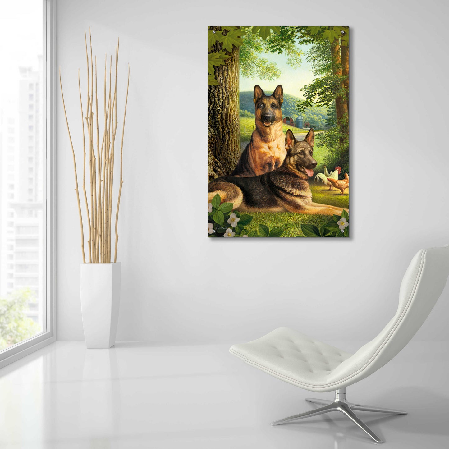 Epic Art 'German Shephards & Chicken' by Dan Craig, Acrylic Glass Wall Art,24x36