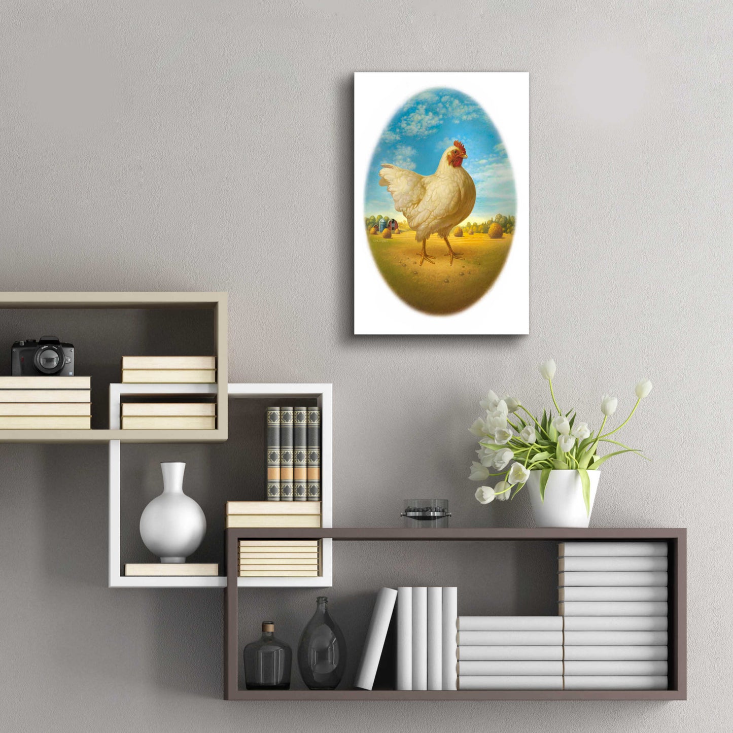 Epic Art 'Smaller Promo Chicken-Egg' by Dan Craig, Acrylic Glass Wall Art,16x24