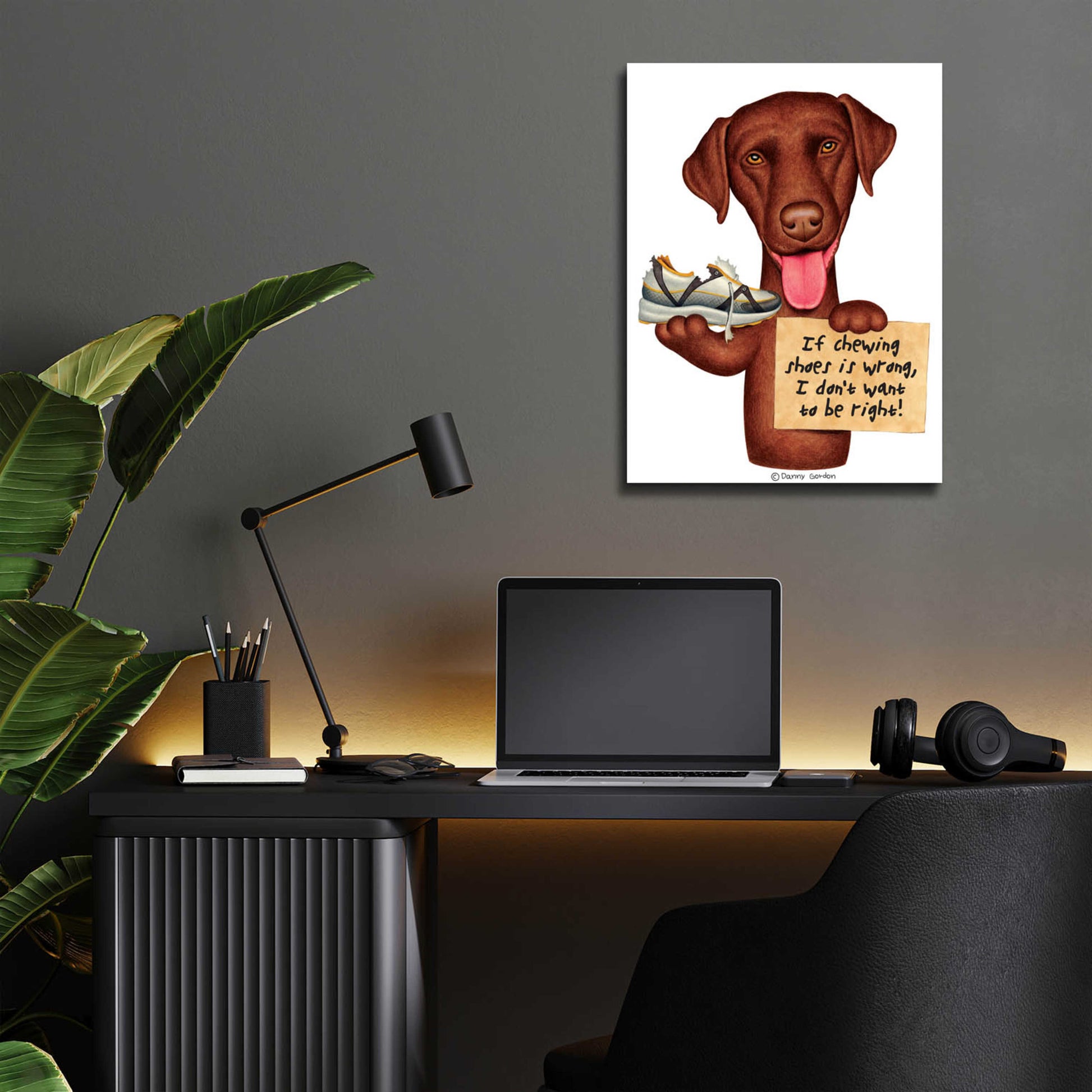 Epic Art 'Chocolate Lab Holding Sneaker' by Danny Gordon Art, Acrylic Glass Wall Art,12x16