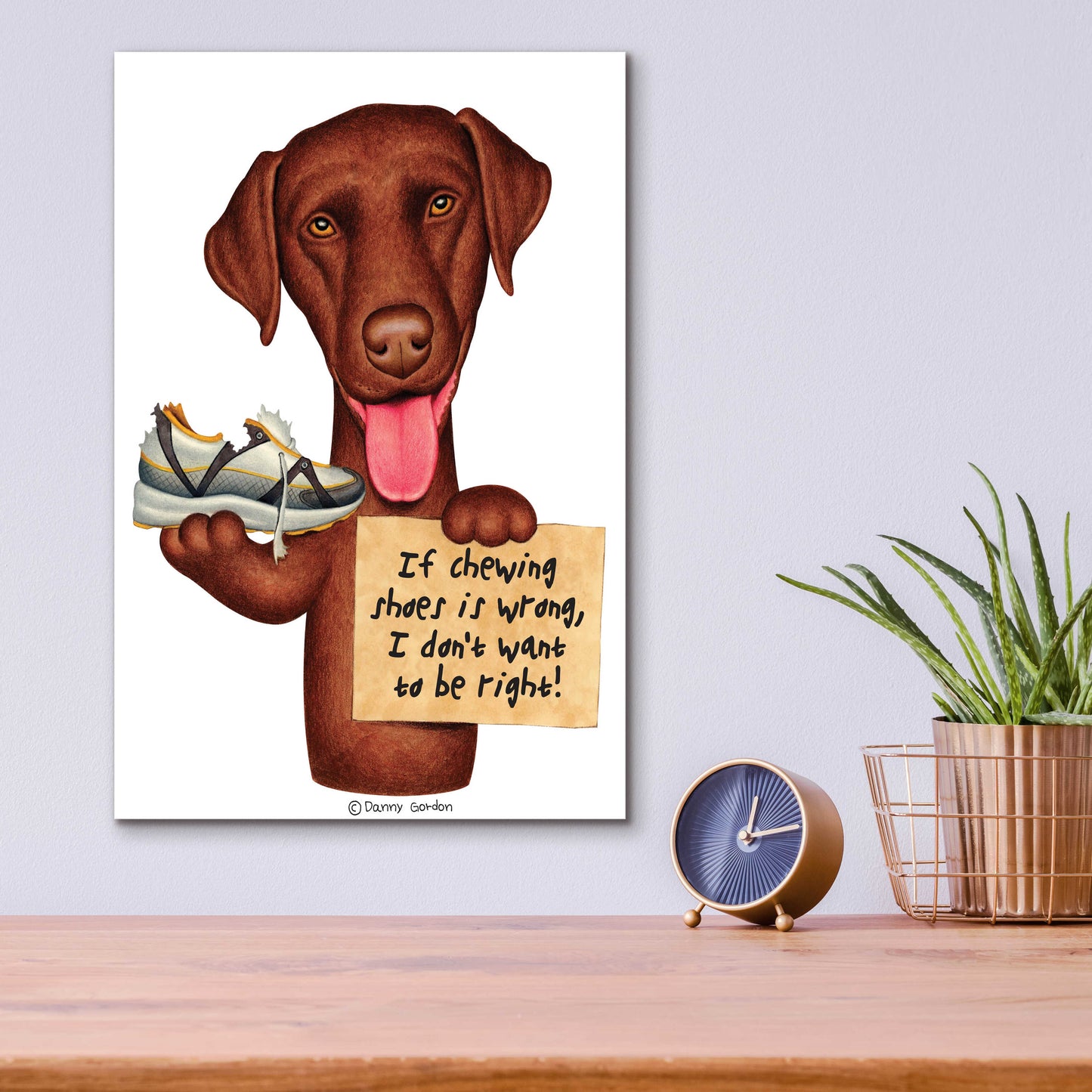 Epic Art 'Chocolate Lab Holding Sneaker' by Danny Gordon Art, Acrylic Glass Wall Art,12x16