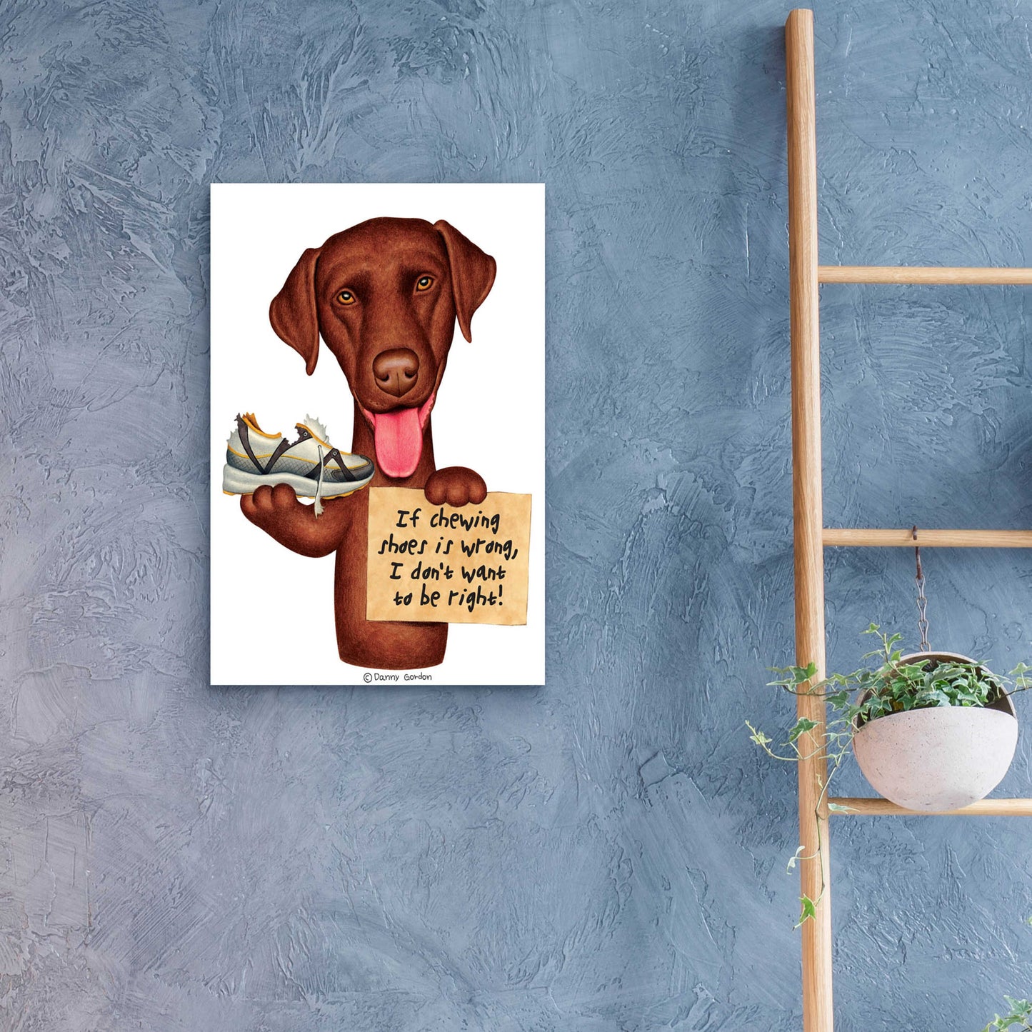 Epic Art 'Chocolate Lab Holding Sneaker' by Danny Gordon Art, Acrylic Glass Wall Art,16x24