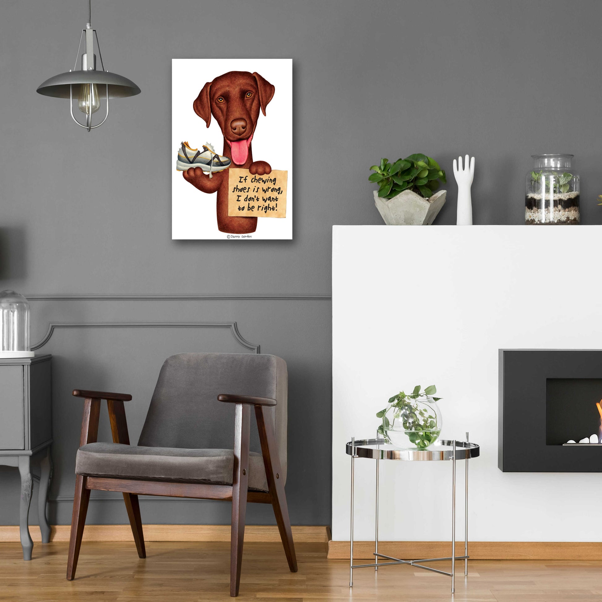 Epic Art 'Chocolate Lab Holding Sneaker' by Danny Gordon Art, Acrylic Glass Wall Art,16x24