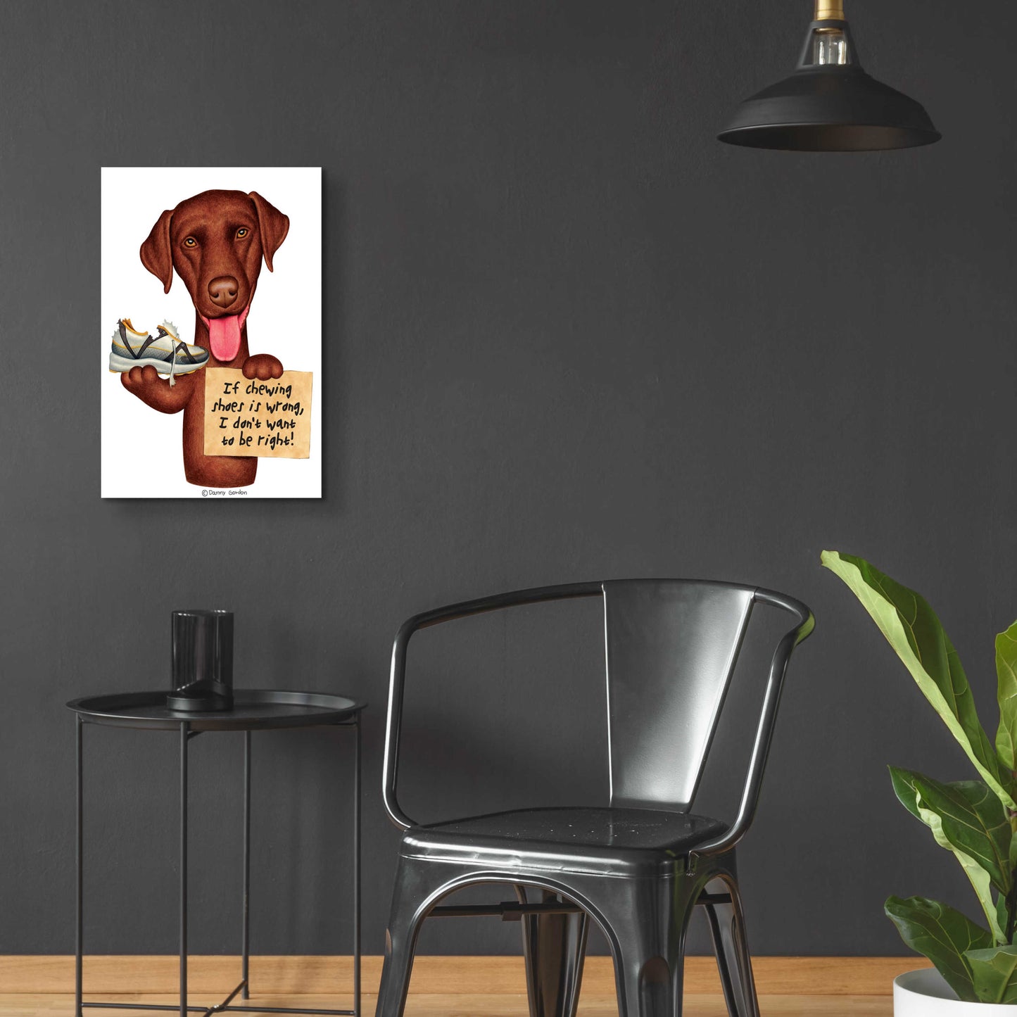 Epic Art 'Chocolate Lab Holding Sneaker' by Danny Gordon Art, Acrylic Glass Wall Art,16x24