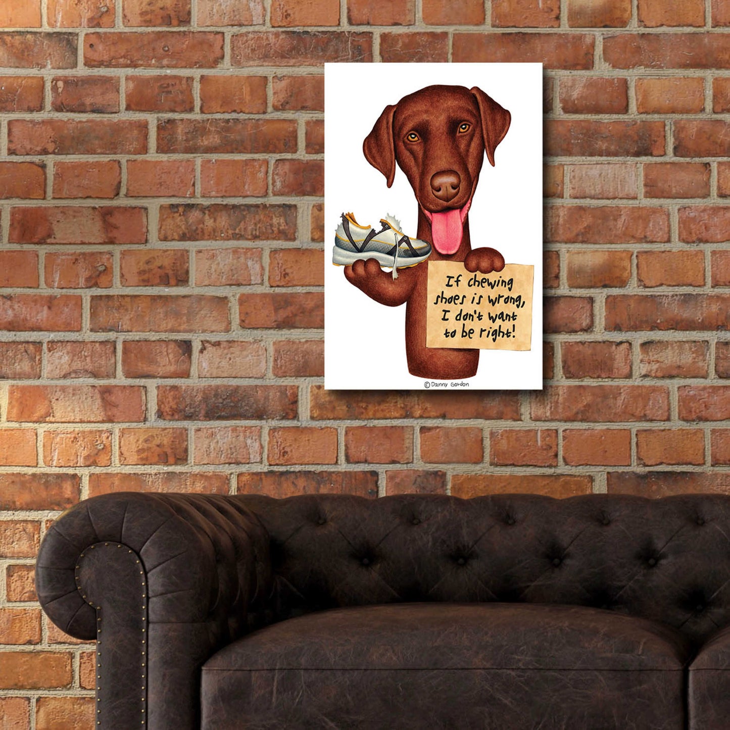 Epic Art 'Chocolate Lab Holding Sneaker' by Danny Gordon Art, Acrylic Glass Wall Art,16x24