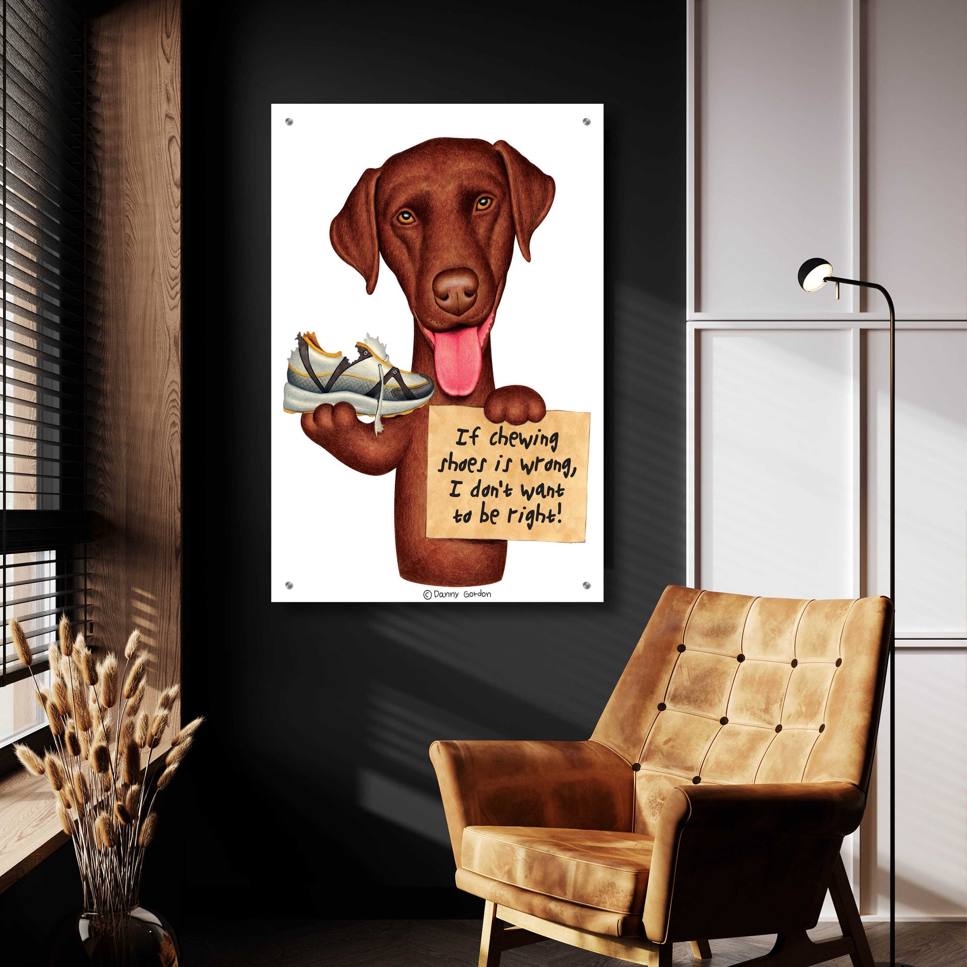 Epic Art 'Chocolate Lab Holding Sneaker' by Danny Gordon Art, Acrylic Glass Wall Art,24x36