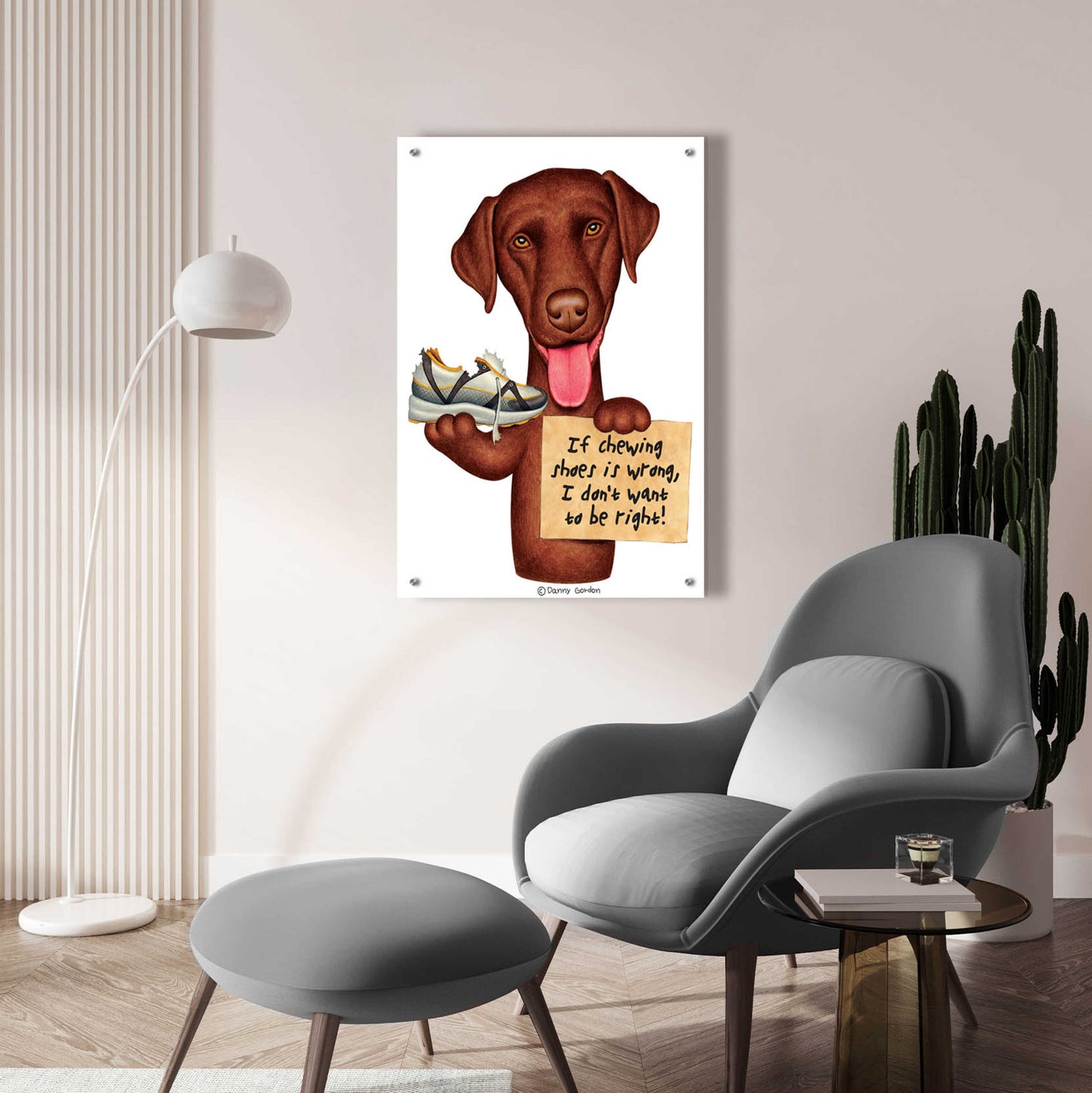 Epic Art 'Chocolate Lab Holding Sneaker' by Danny Gordon Art, Acrylic Glass Wall Art,24x36