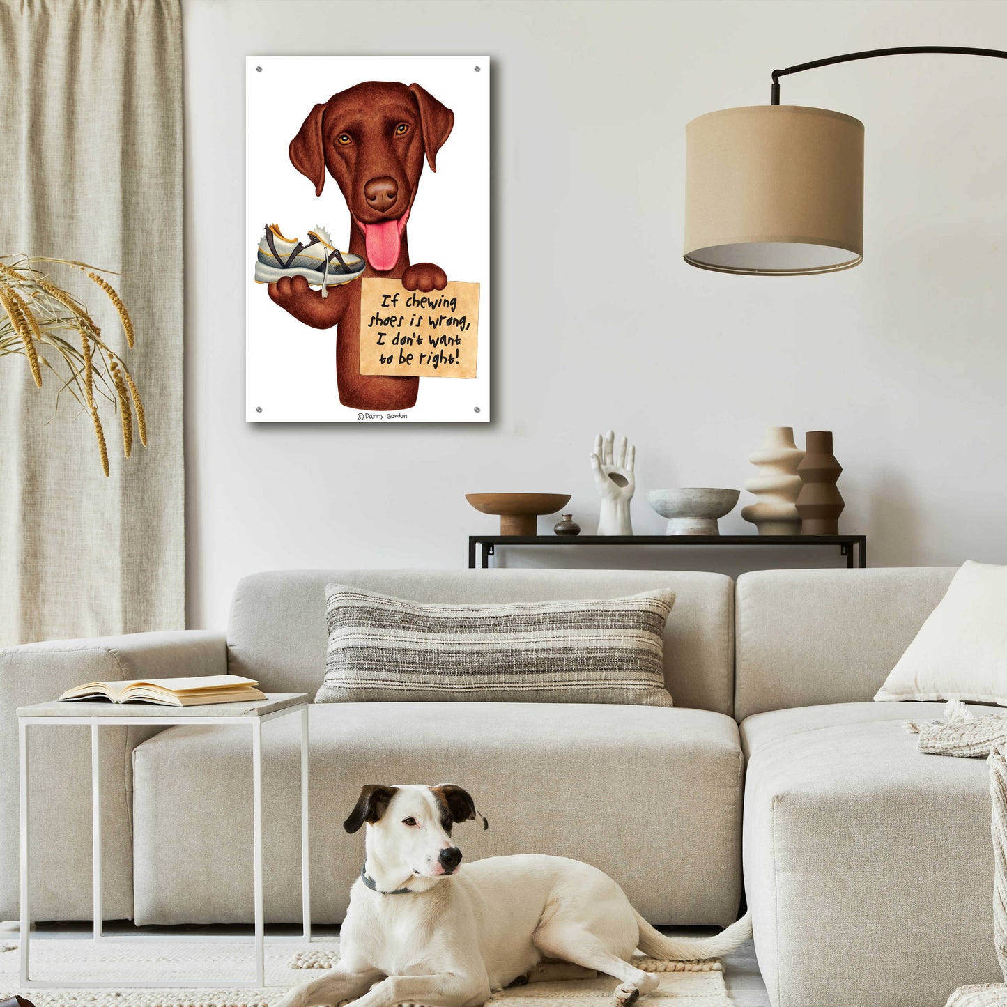 Epic Art 'Chocolate Lab Holding Sneaker' by Danny Gordon Art, Acrylic Glass Wall Art,24x36