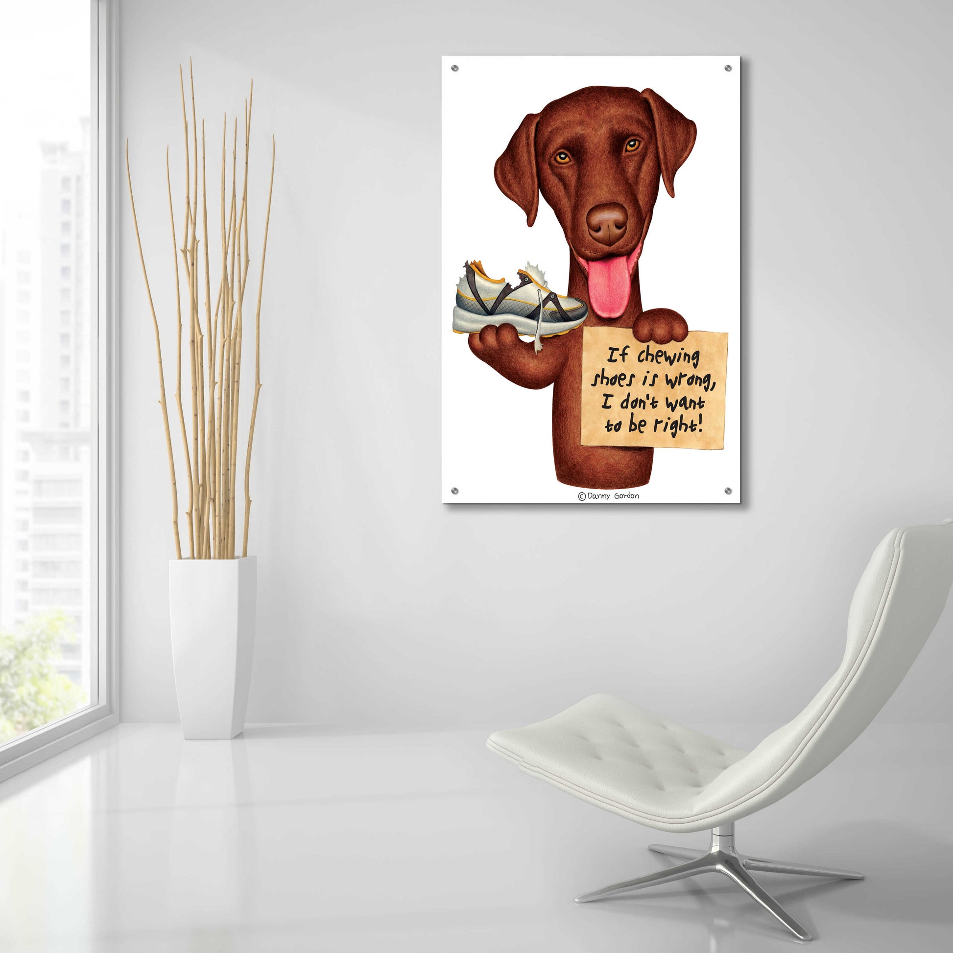 Epic Art 'Chocolate Lab Holding Sneaker' by Danny Gordon Art, Acrylic Glass Wall Art,24x36