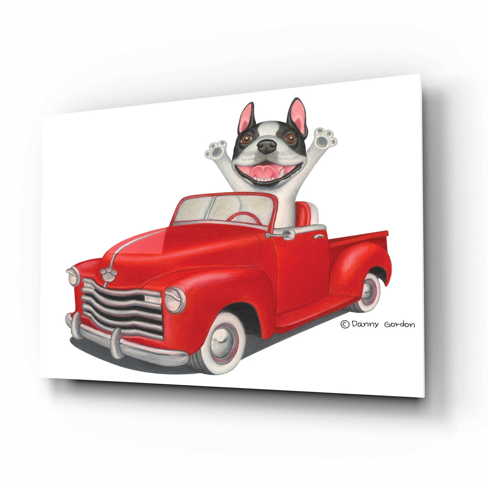 Epic Art 'Happy Boston Terrier in Red Truck' by Danny Gordon Art, Acrylic Glass Wall Art,16x12