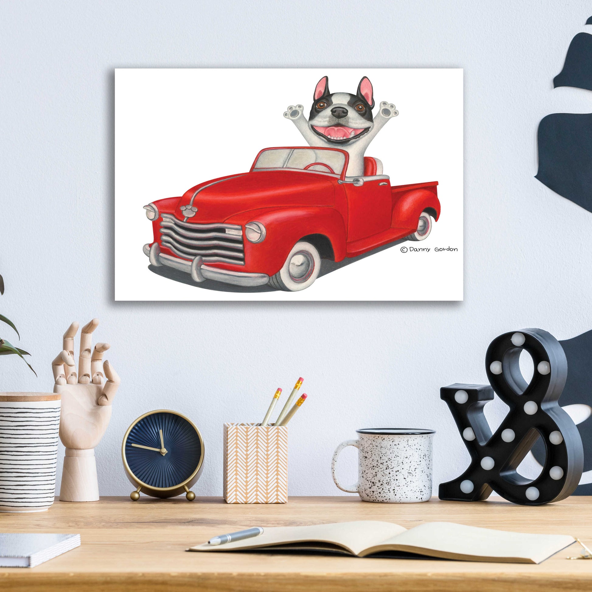 Epic Art 'Happy Boston Terrier in Red Truck' by Danny Gordon Art, Acrylic Glass Wall Art,16x12