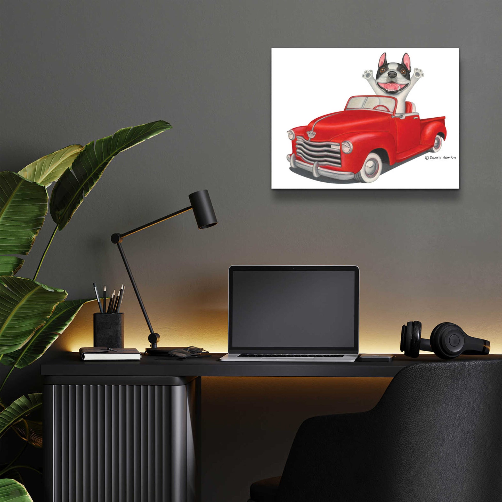 Epic Art 'Happy Boston Terrier in Red Truck' by Danny Gordon Art, Acrylic Glass Wall Art,16x12