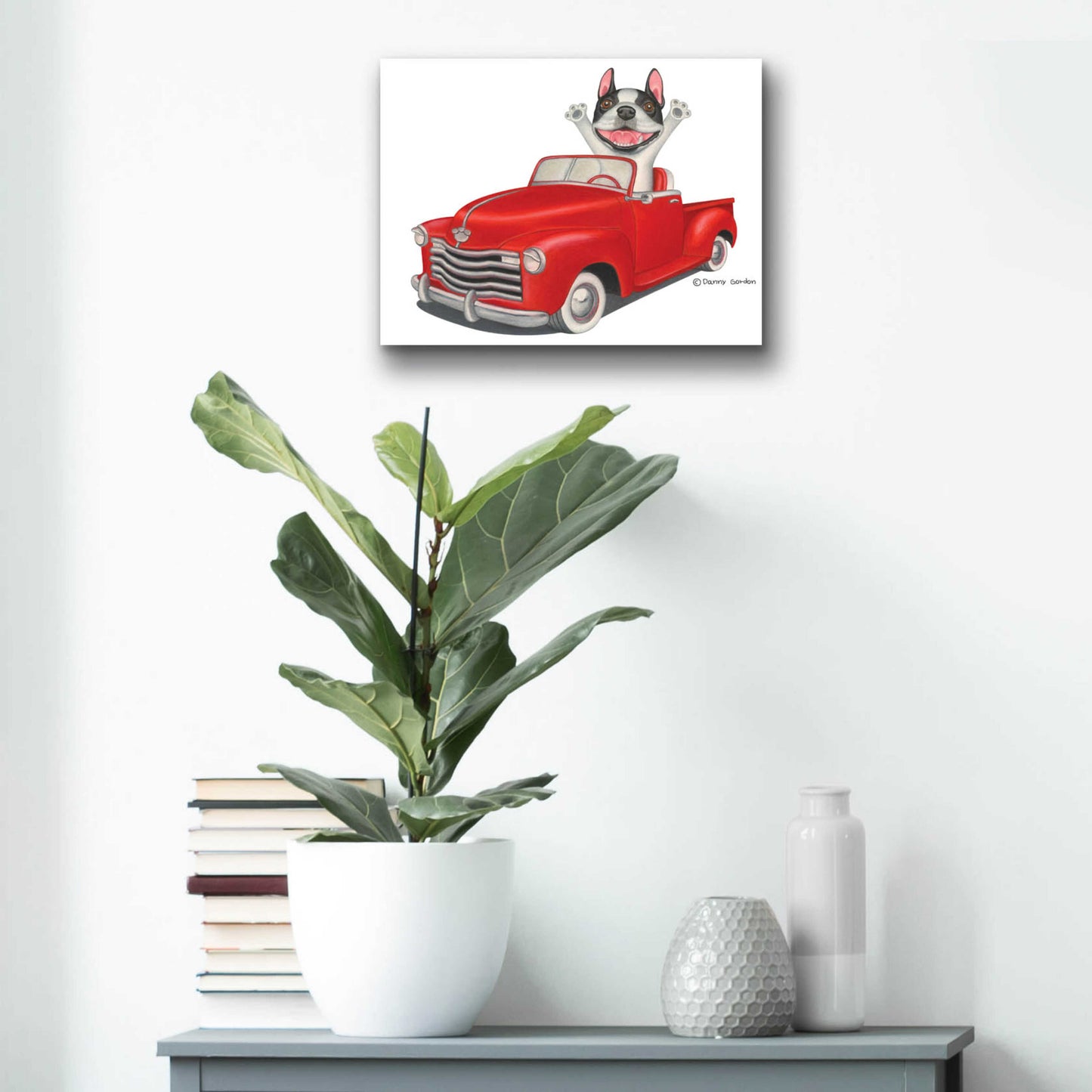 Epic Art 'Happy Boston Terrier in Red Truck' by Danny Gordon Art, Acrylic Glass Wall Art,16x12