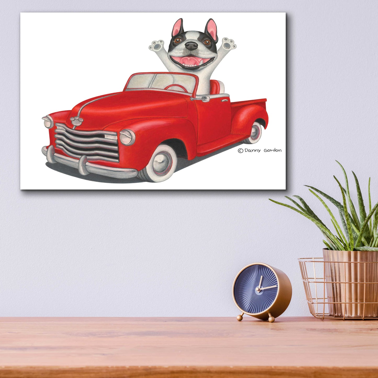 Epic Art 'Happy Boston Terrier in Red Truck' by Danny Gordon Art, Acrylic Glass Wall Art,16x12