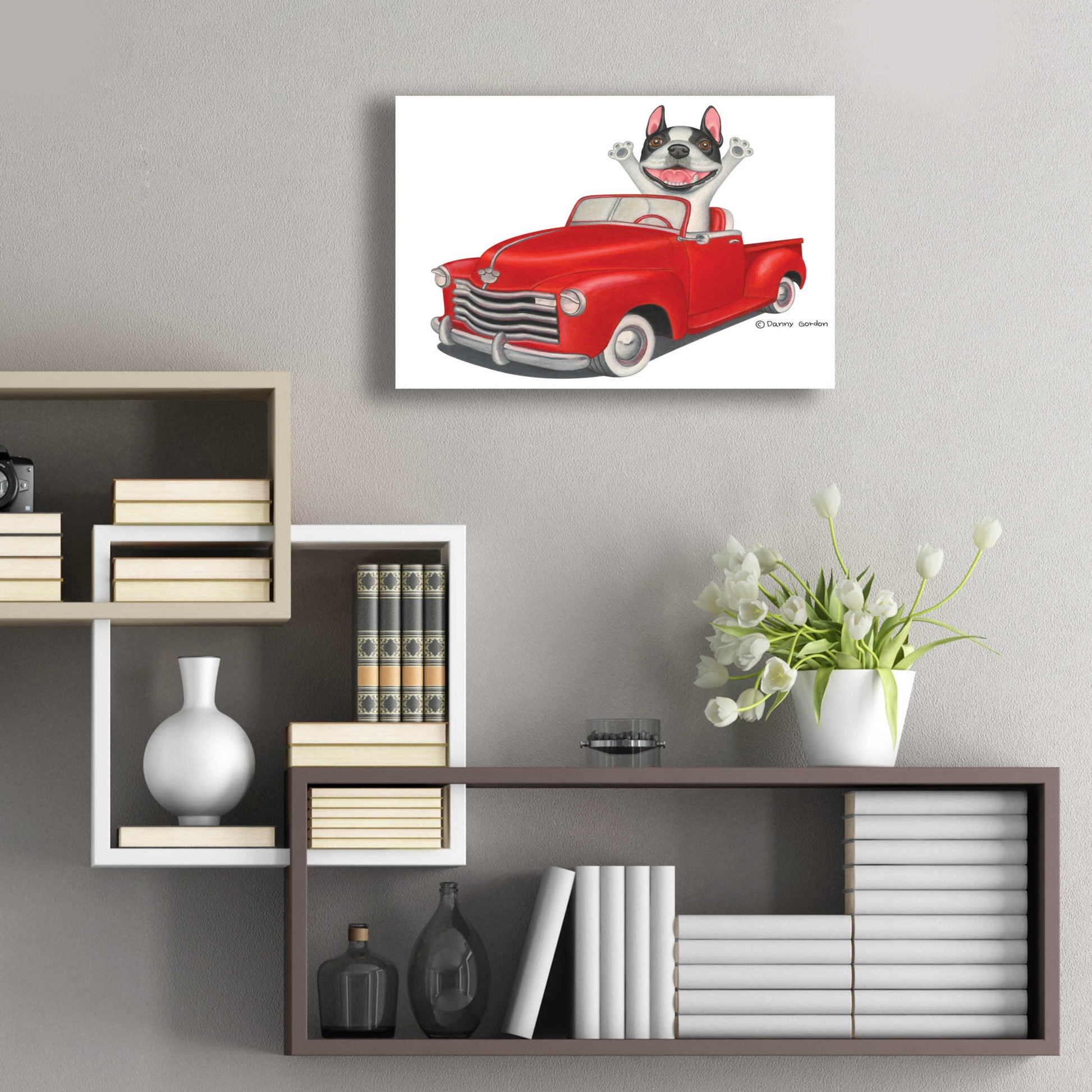 Epic Art 'Happy Boston Terrier in Red Truck' by Danny Gordon Art, Acrylic Glass Wall Art,24x16