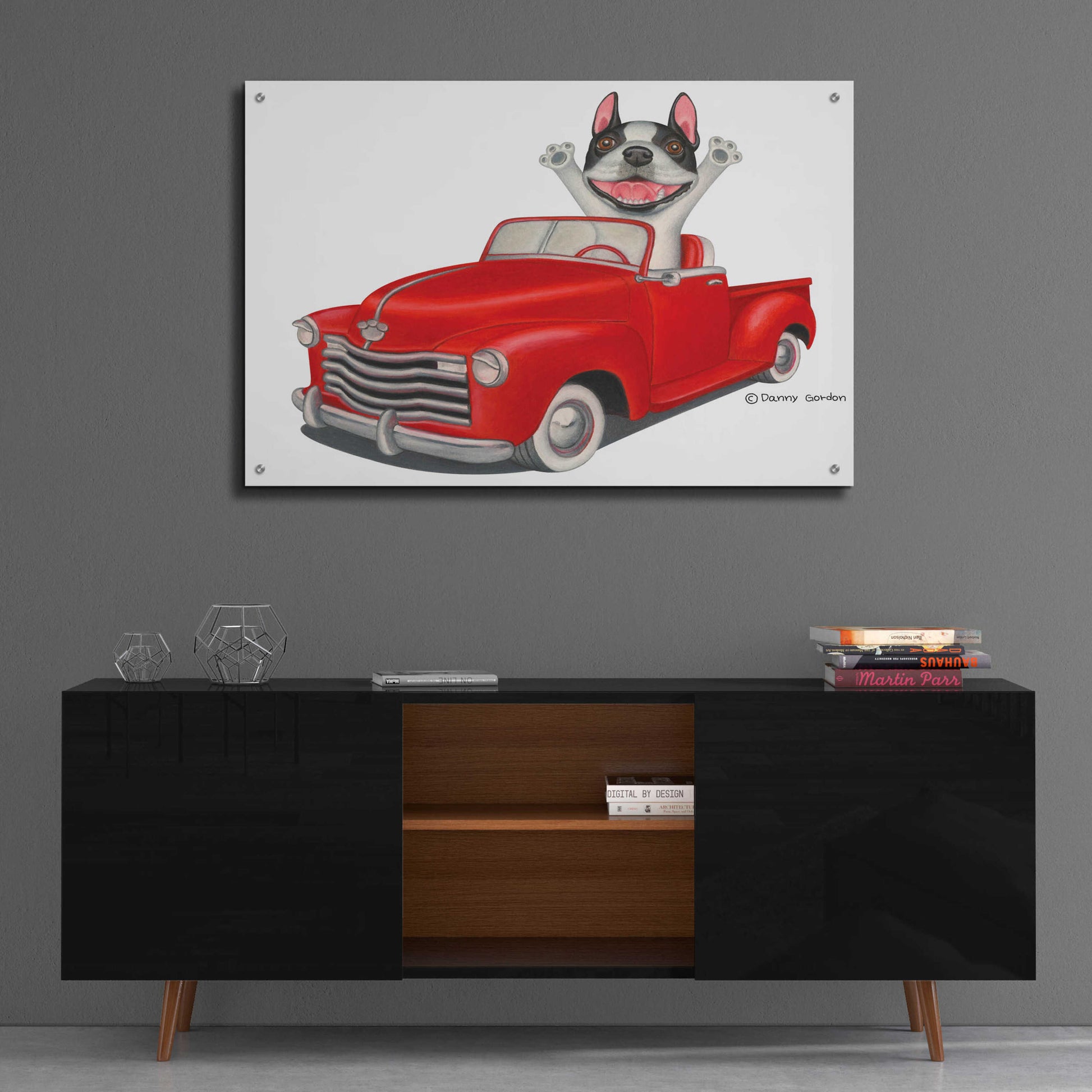 Epic Art 'Happy Boston Terrier in Red Truck' by Danny Gordon Art, Acrylic Glass Wall Art,36x24