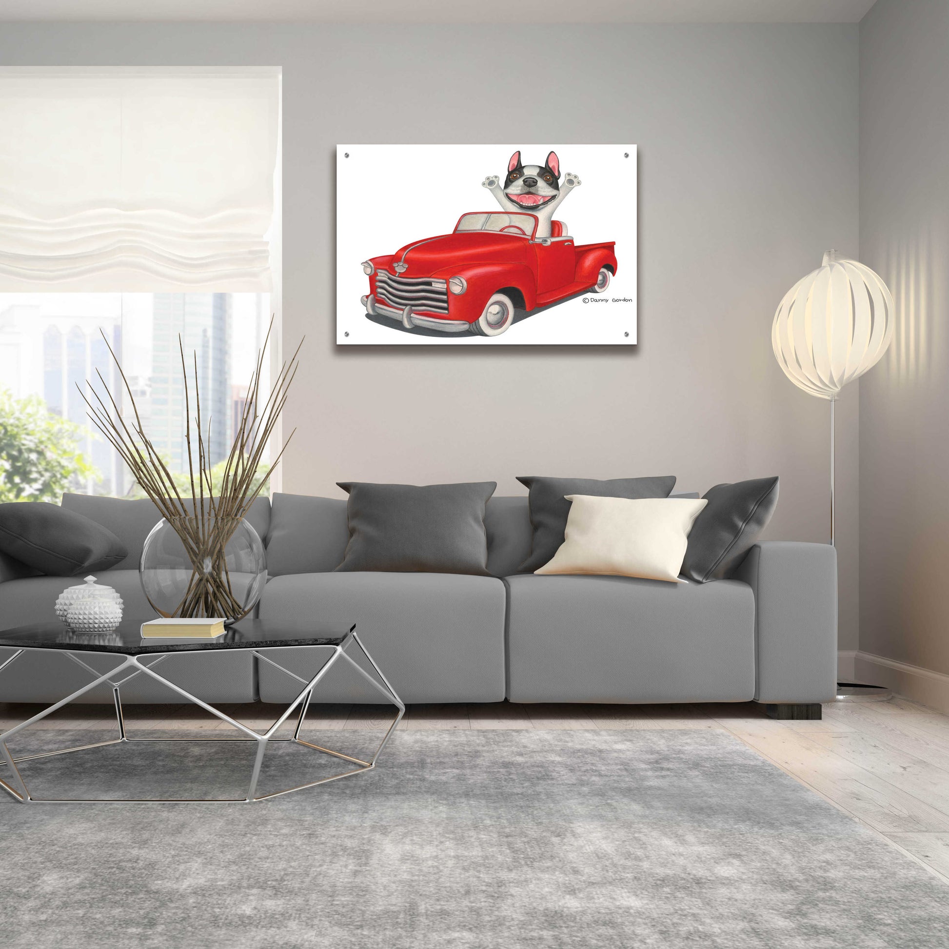 Epic Art 'Happy Boston Terrier in Red Truck' by Danny Gordon Art, Acrylic Glass Wall Art,36x24