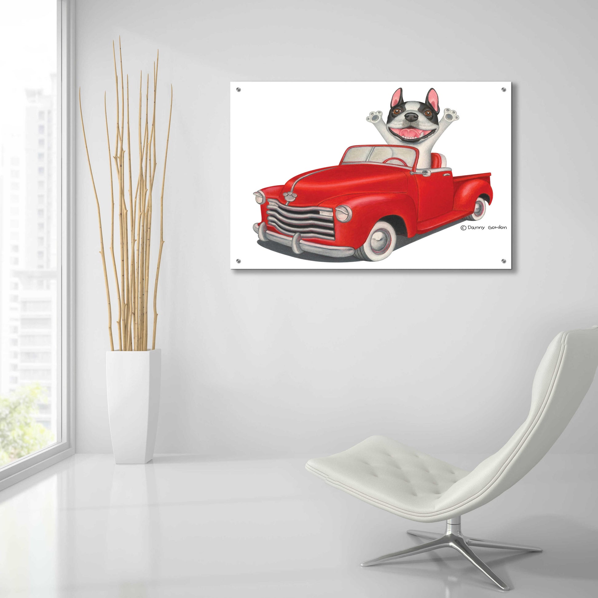 Epic Art 'Happy Boston Terrier in Red Truck' by Danny Gordon Art, Acrylic Glass Wall Art,36x24