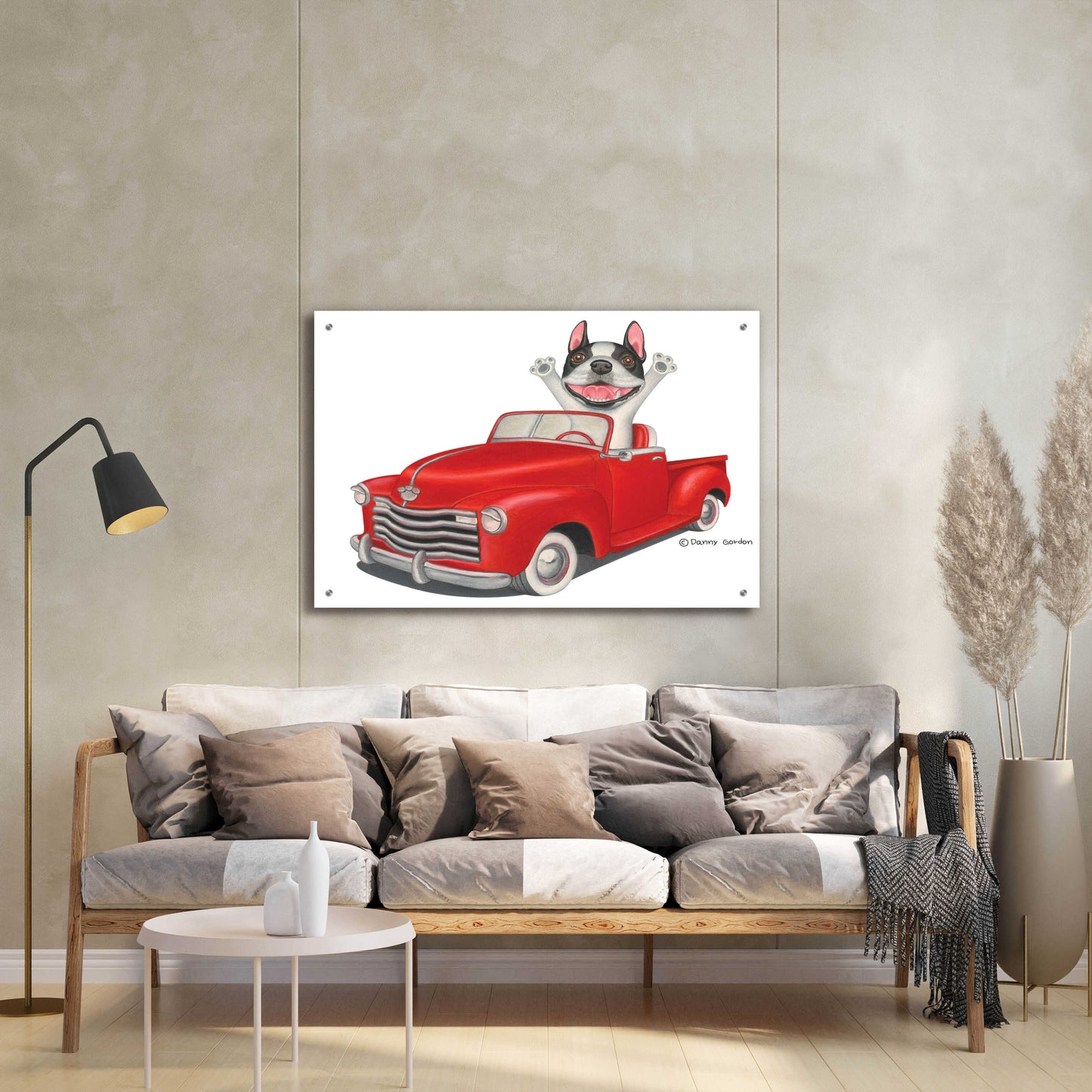 Epic Art 'Happy Boston Terrier in Red Truck' by Danny Gordon Art, Acrylic Glass Wall Art,36x24