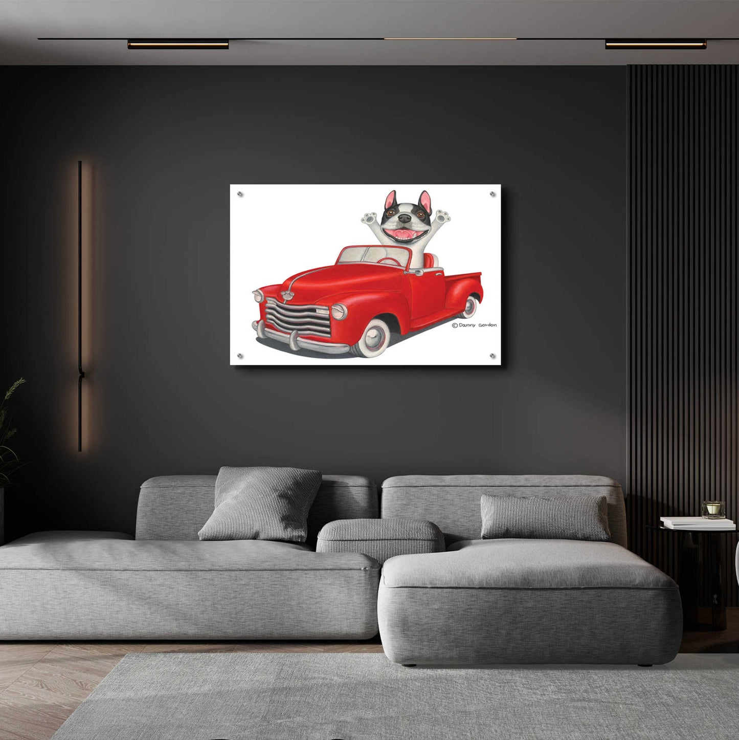 Epic Art 'Happy Boston Terrier in Red Truck' by Danny Gordon Art, Acrylic Glass Wall Art,36x24