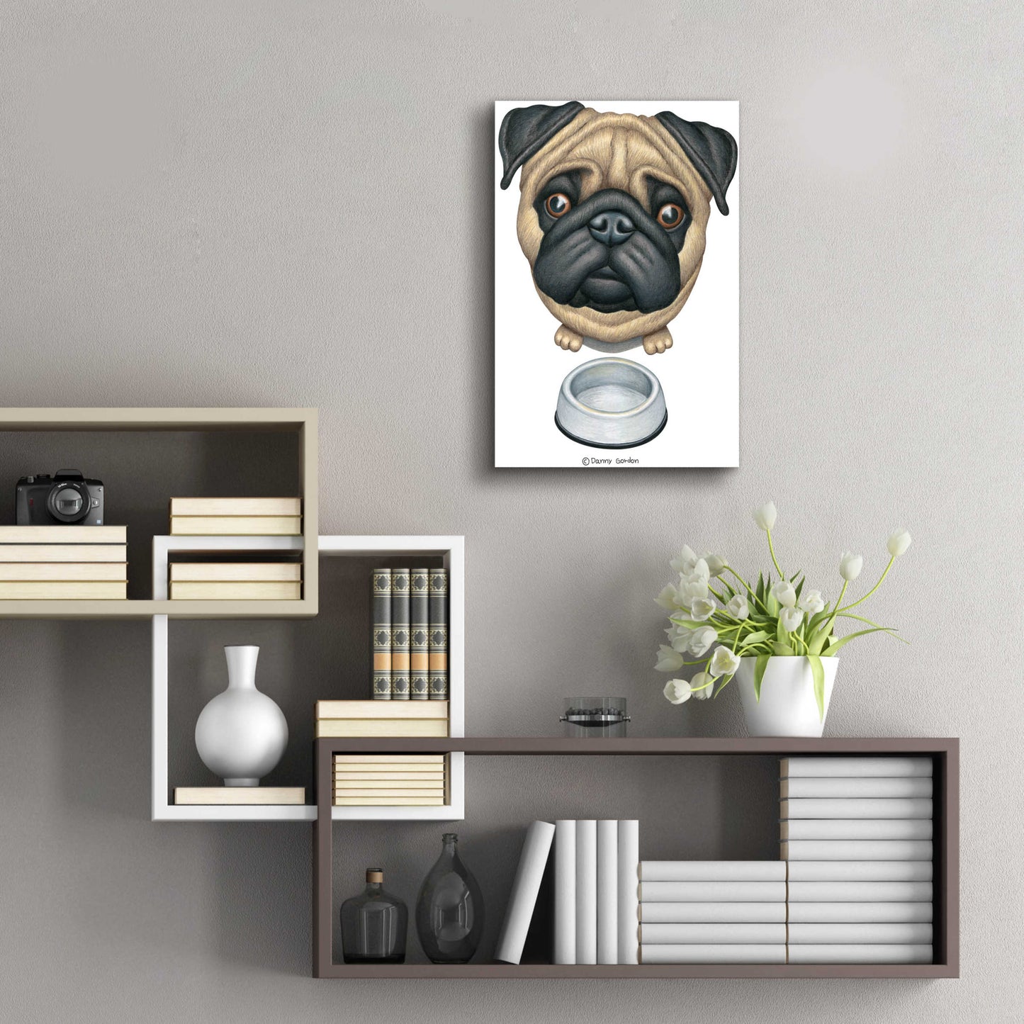 Epic Art 'Pug and Bowl Upper Perspective' by Danny Gordon Art, Acrylic Glass Wall Art,16x24