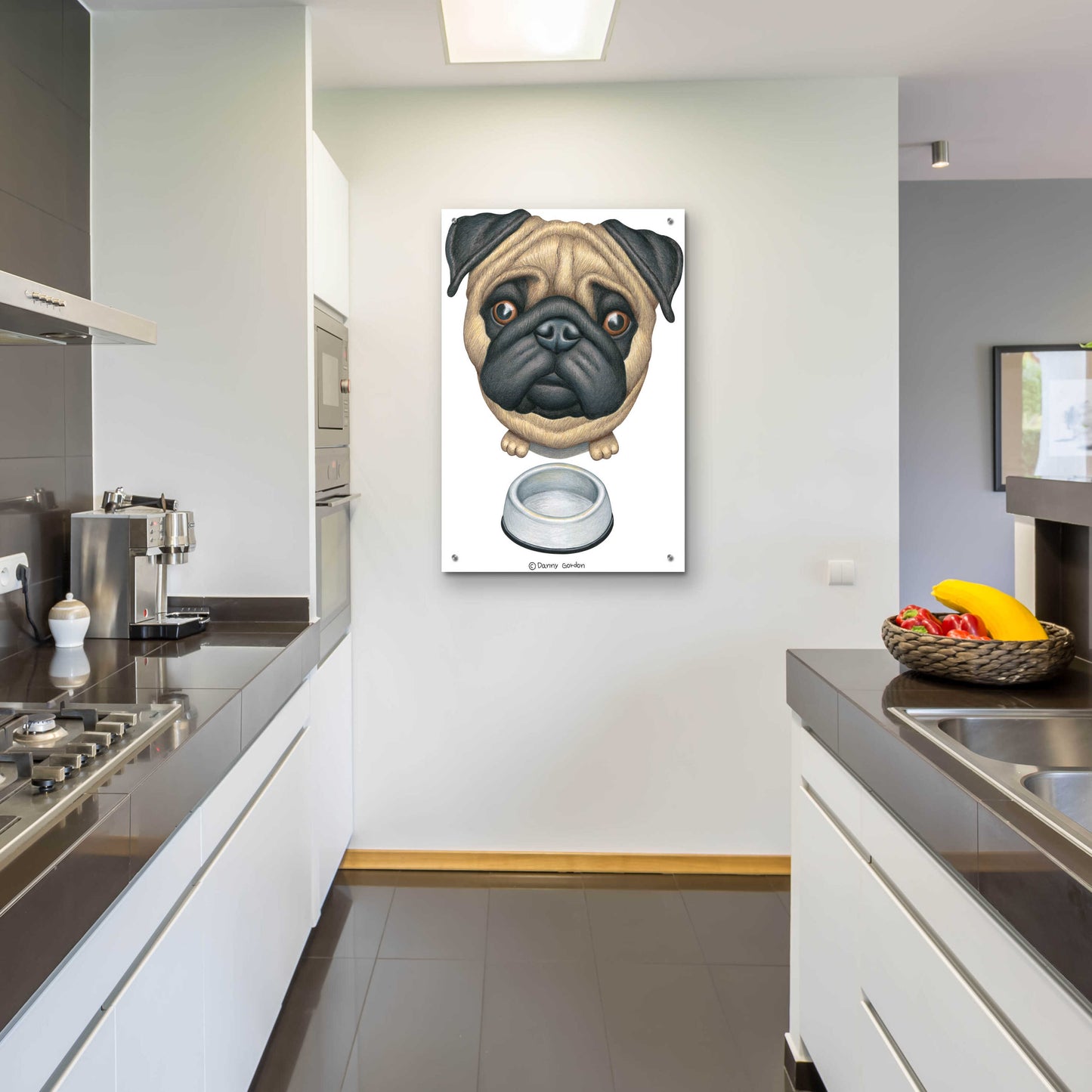 Epic Art 'Pug and Bowl Upper Perspective' by Danny Gordon Art, Acrylic Glass Wall Art,24x36