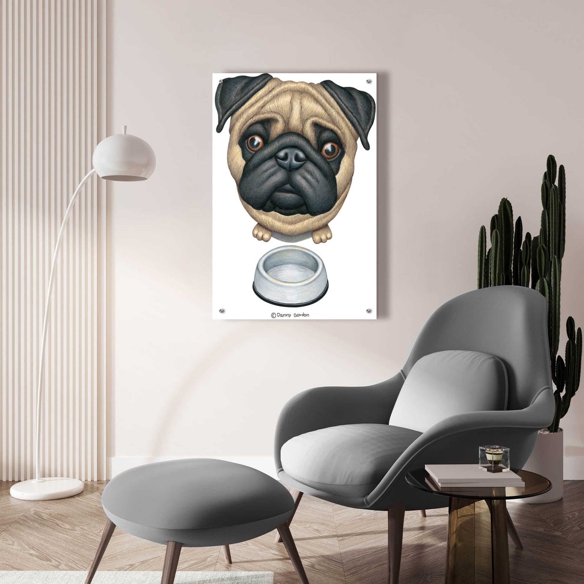 Epic Art 'Pug and Bowl Upper Perspective' by Danny Gordon Art, Acrylic Glass Wall Art,24x36