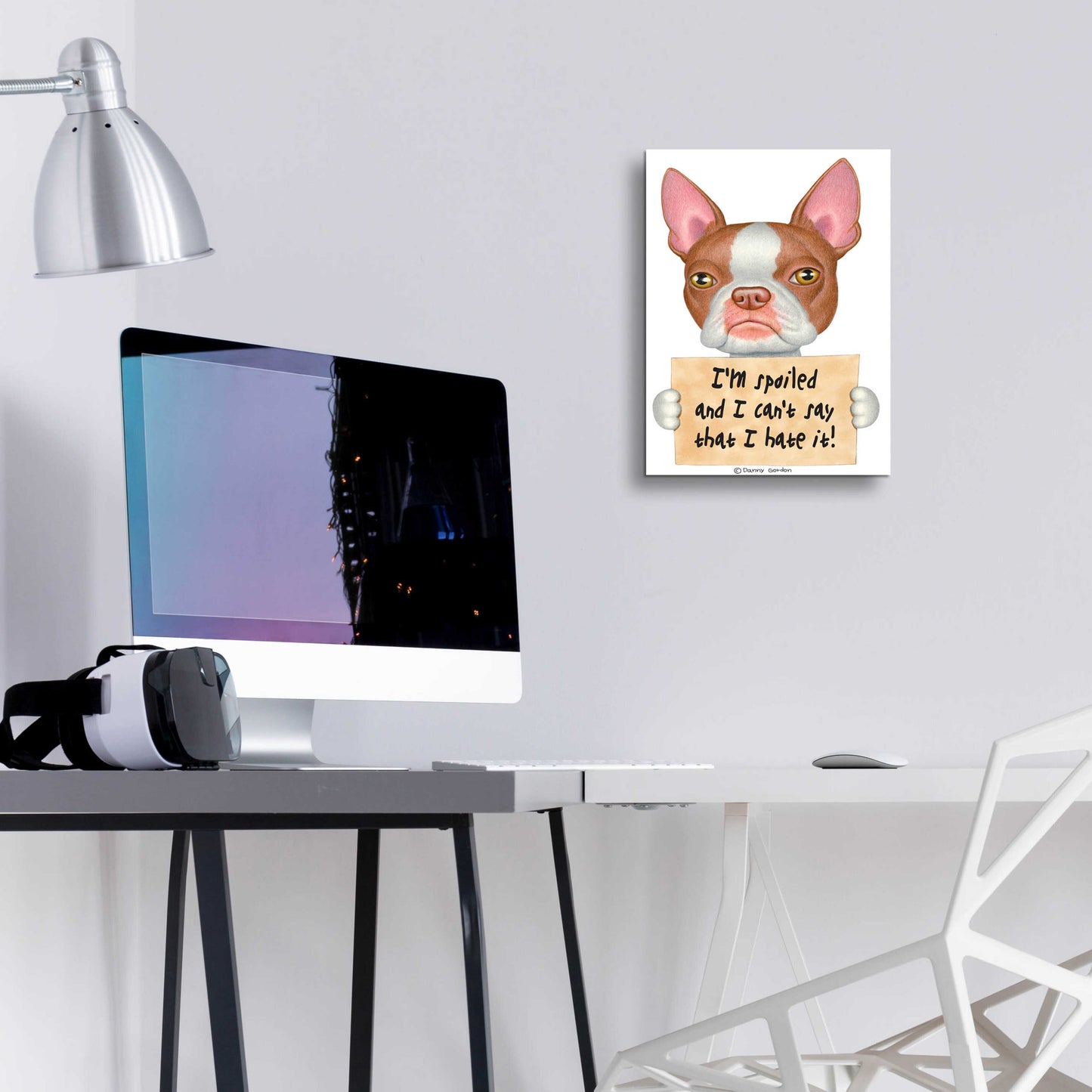 Epic Art 'Red Boston Terrier with Sign' by Danny Gordon Art, Acrylic Glass Wall Art,12x16