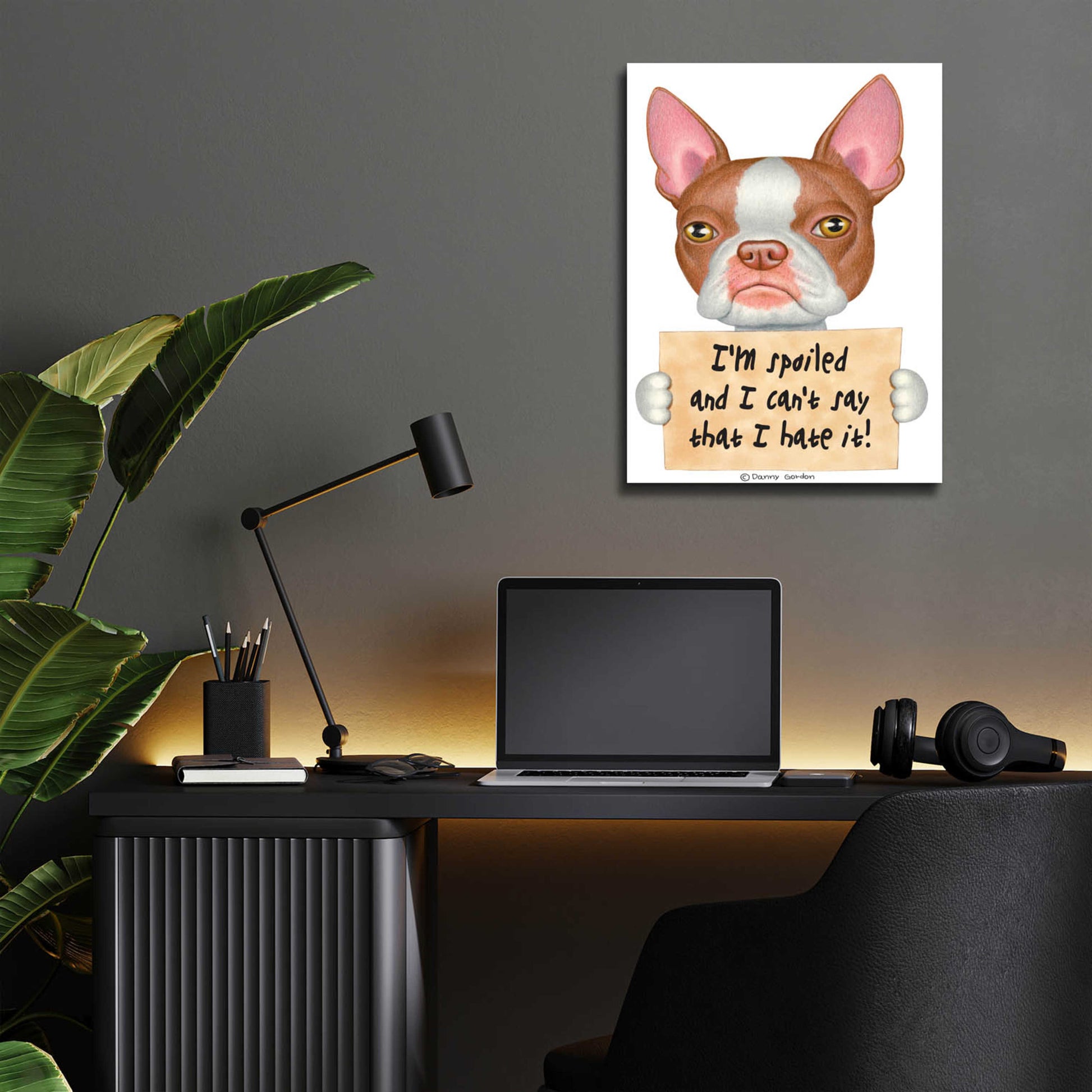 Epic Art 'Red Boston Terrier with Sign' by Danny Gordon Art, Acrylic Glass Wall Art,12x16