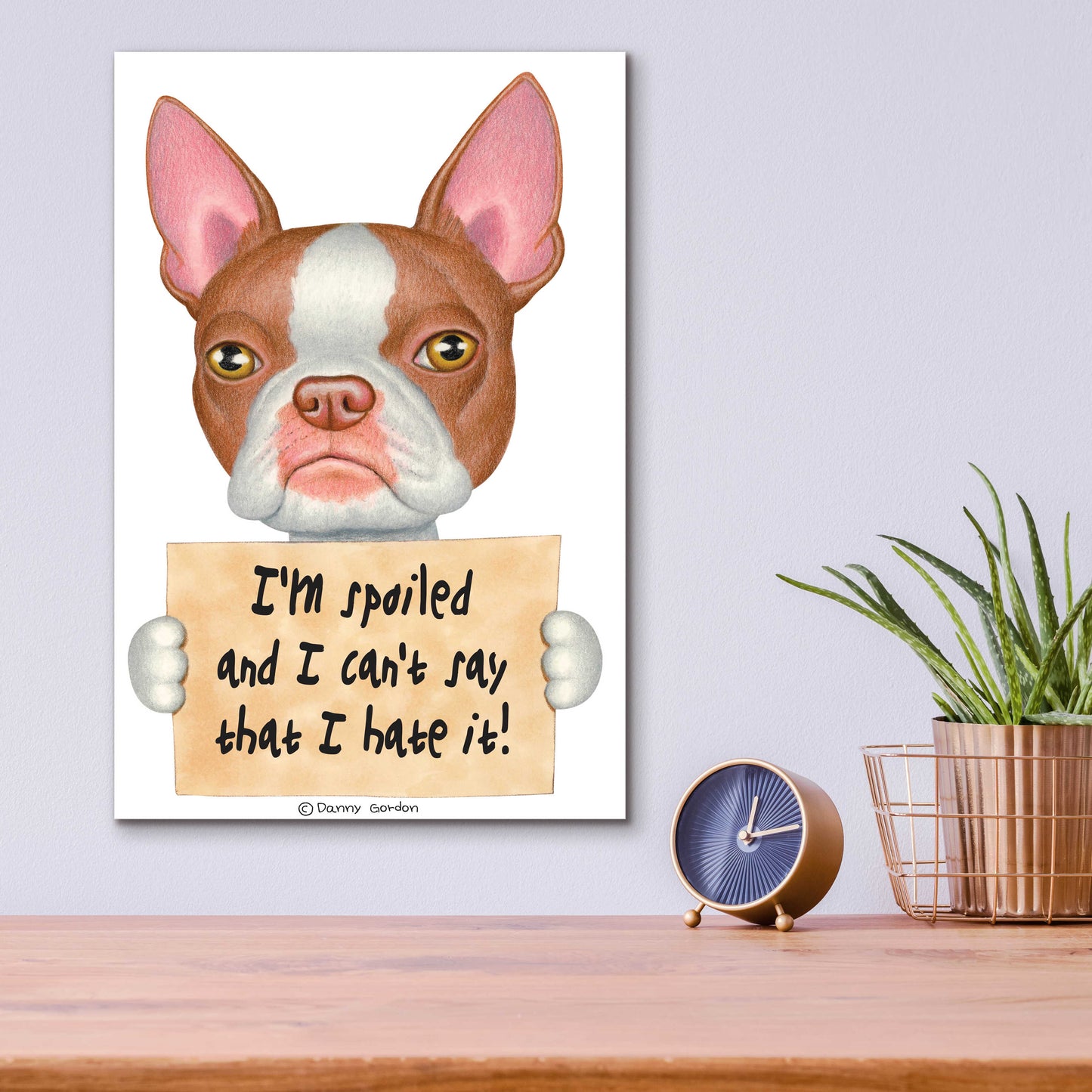 Epic Art 'Red Boston Terrier with Sign' by Danny Gordon Art, Acrylic Glass Wall Art,12x16