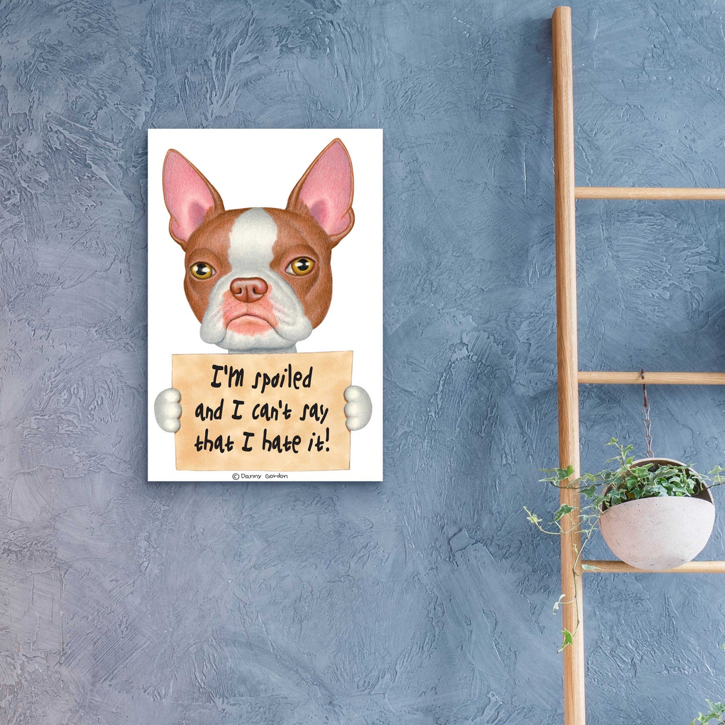 Epic Art 'Red Boston Terrier with Sign' by Danny Gordon Art, Acrylic Glass Wall Art,16x24