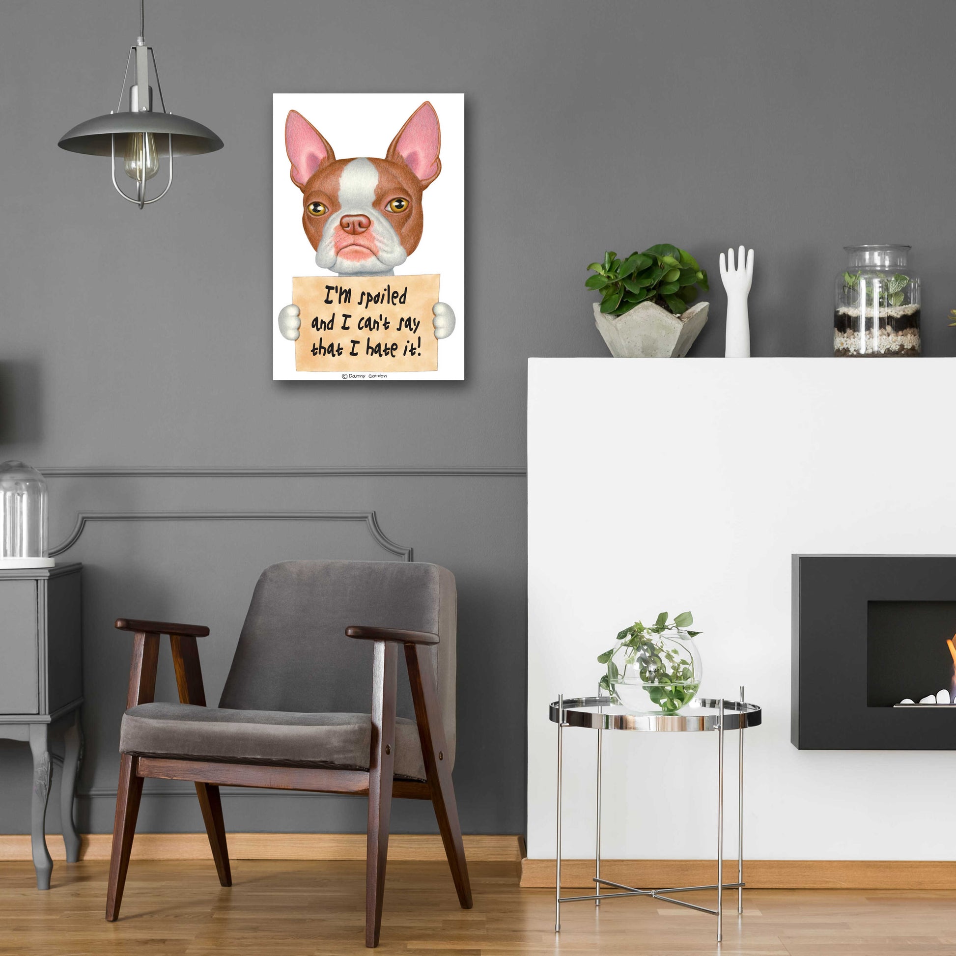 Epic Art 'Red Boston Terrier with Sign' by Danny Gordon Art, Acrylic Glass Wall Art,16x24