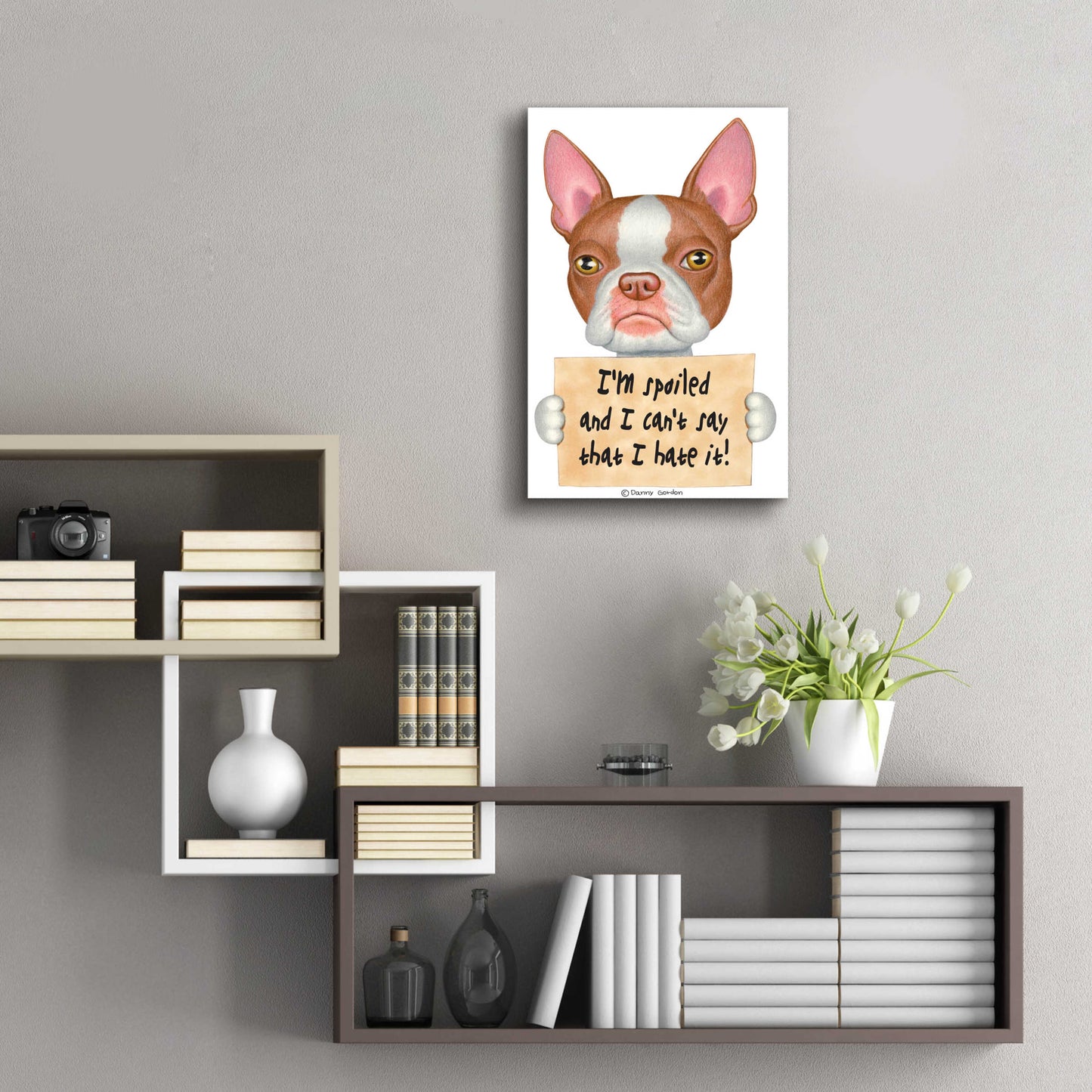 Epic Art 'Red Boston Terrier with Sign' by Danny Gordon Art, Acrylic Glass Wall Art,16x24