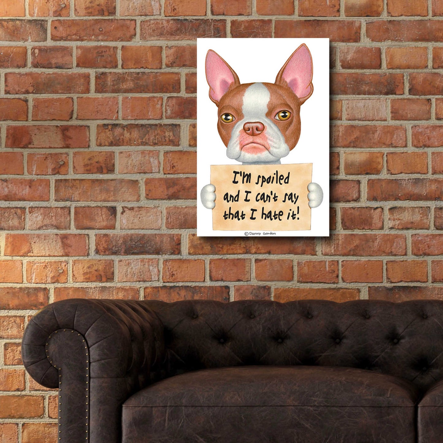 Epic Art 'Red Boston Terrier with Sign' by Danny Gordon Art, Acrylic Glass Wall Art,16x24