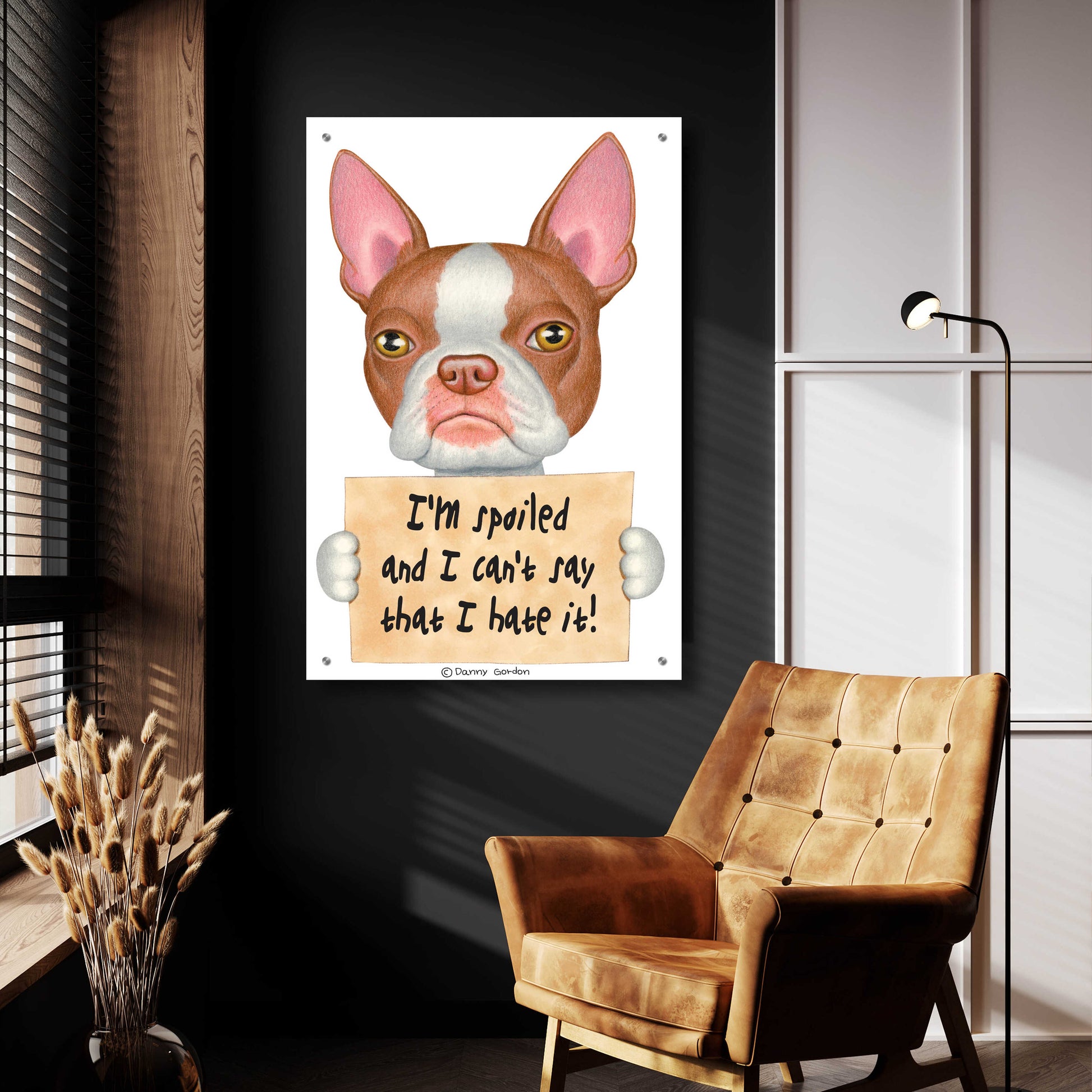 Epic Art 'Red Boston Terrier with Sign' by Danny Gordon Art, Acrylic Glass Wall Art,24x36